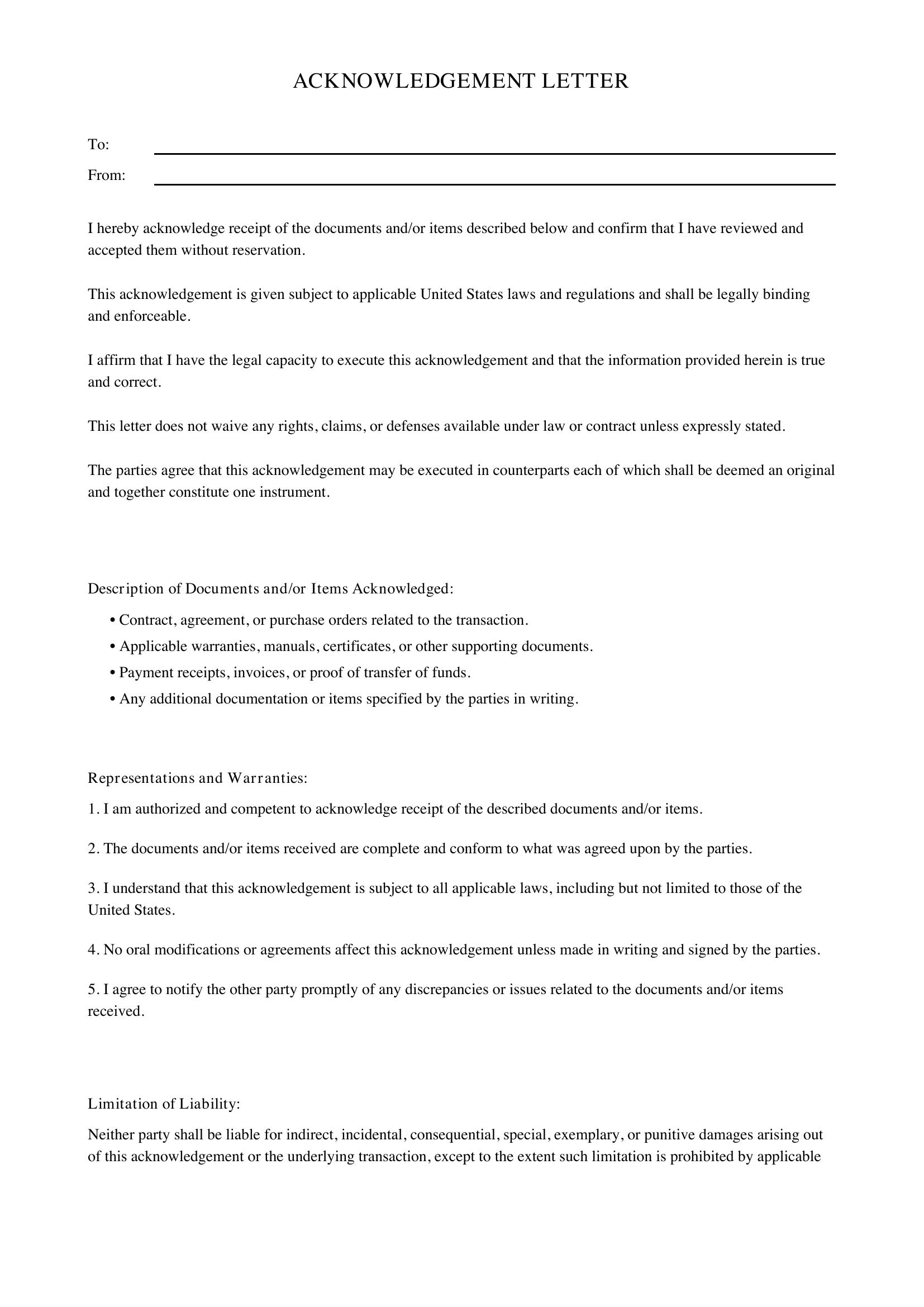 Acknowledgement Letter Template - US