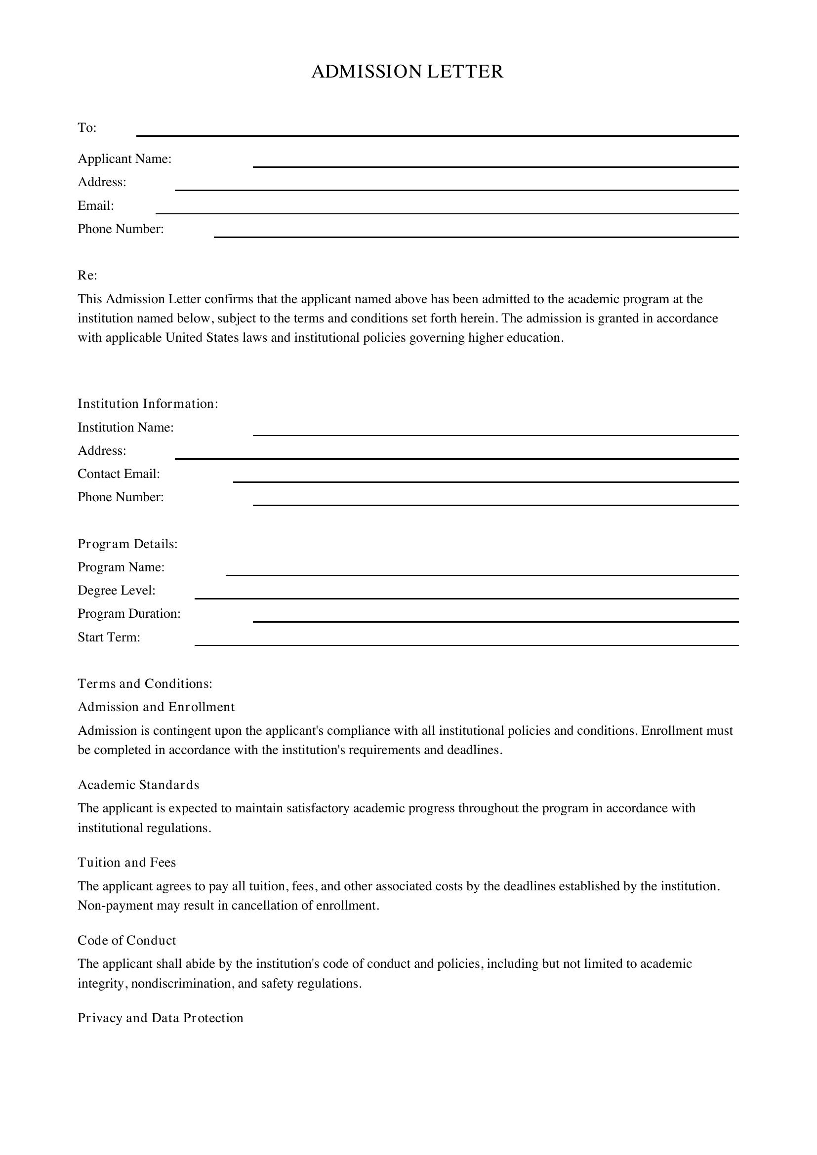 Admission Letter Template - US