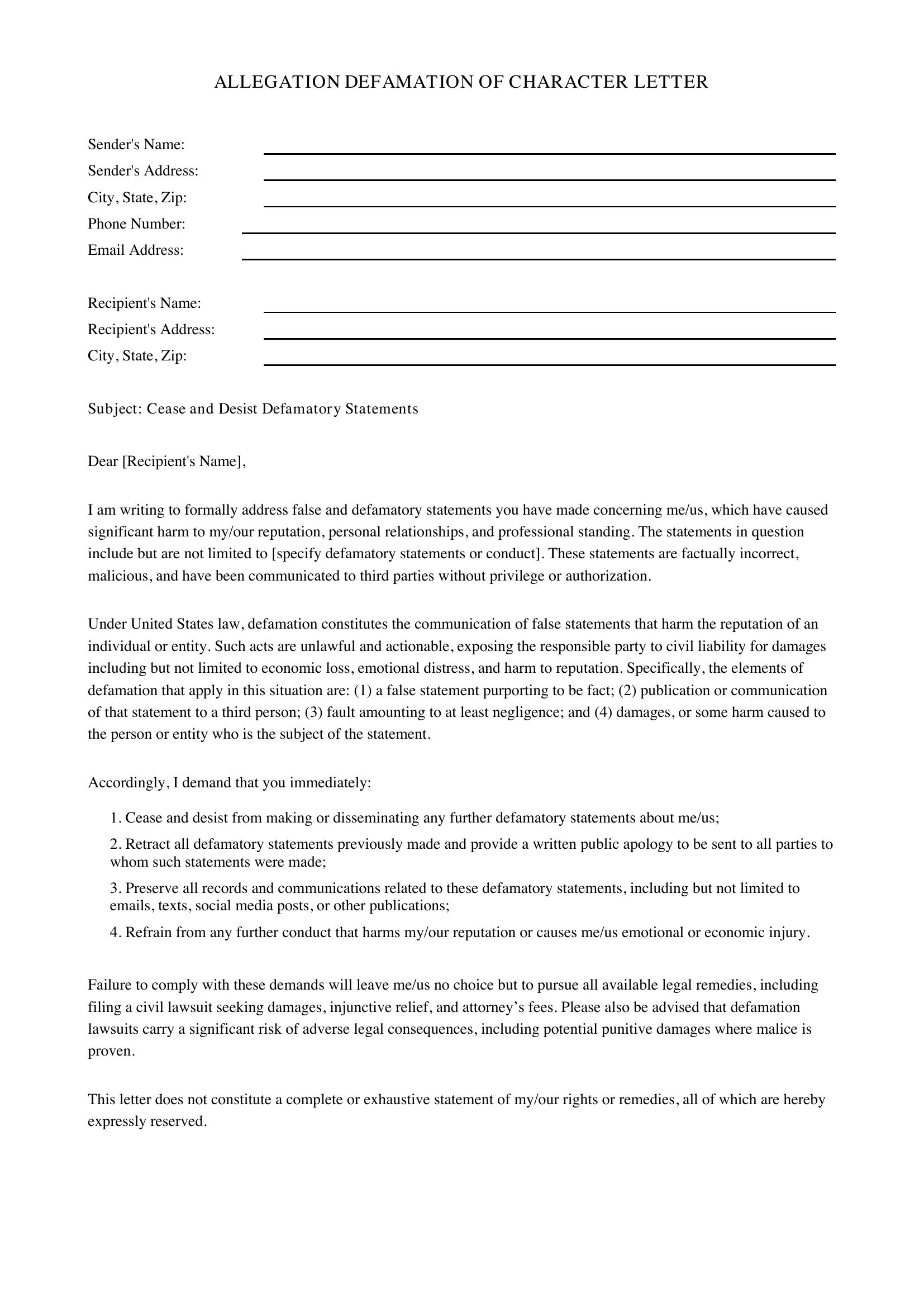 Allegation Defamation Of Character Letter Template - US