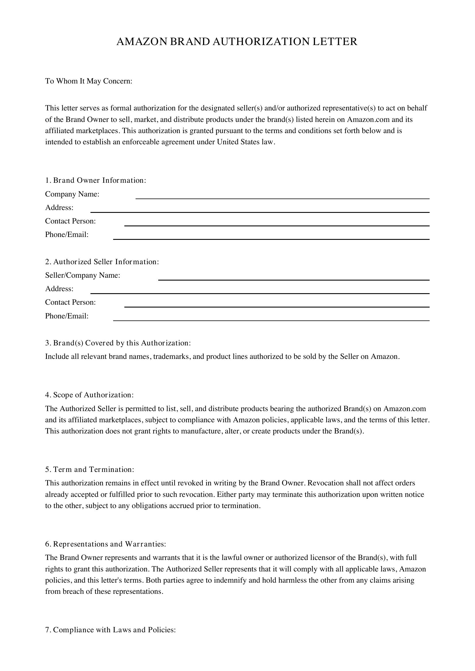 Amazon Brand Authorization Letter Template - US
