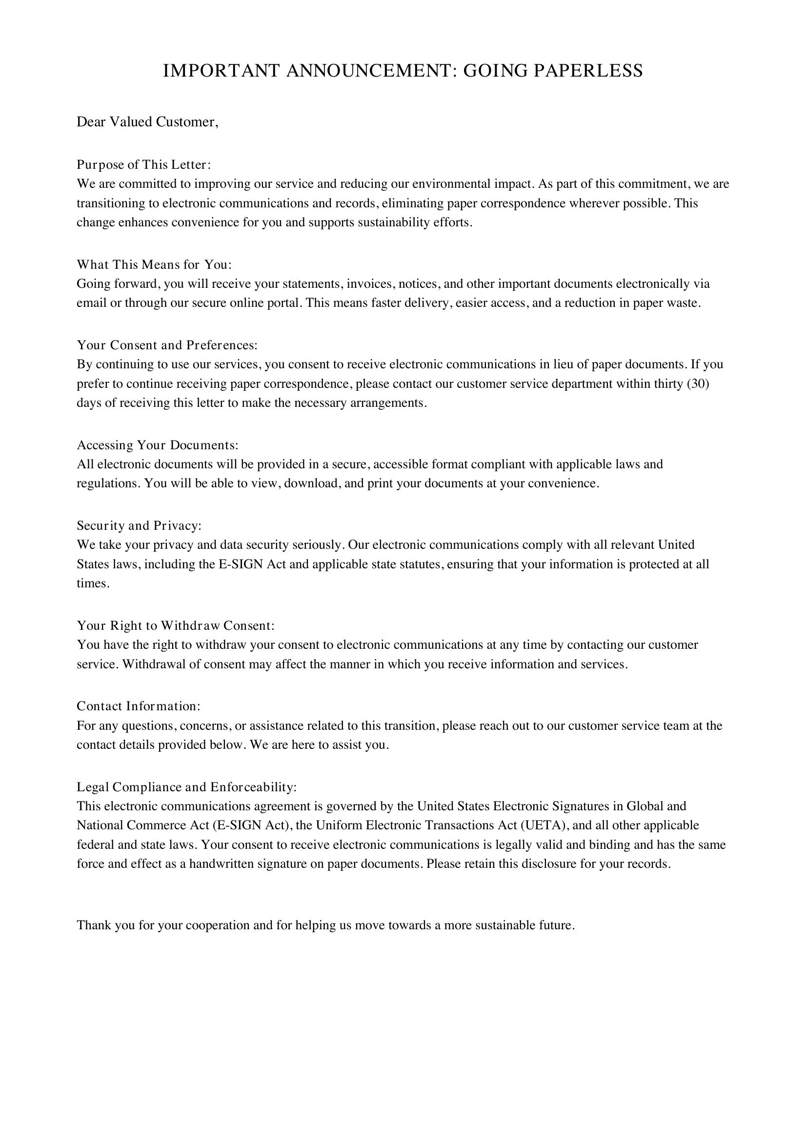 Announcement Going Paperless Letter To Customers Template - US