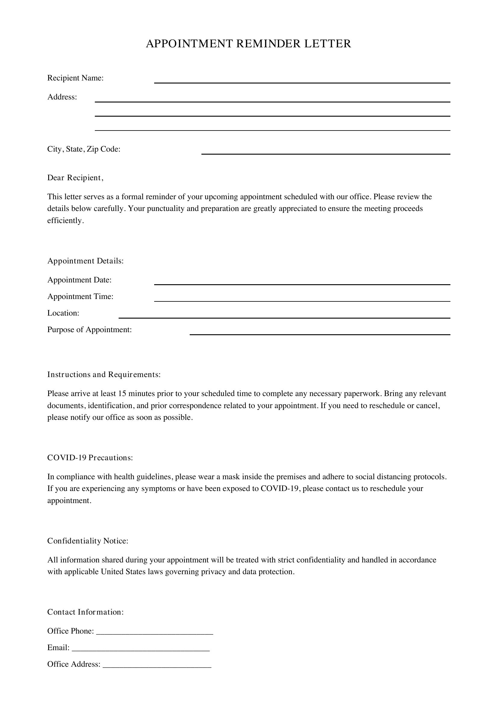 Appointment Reminder Letter Template - US