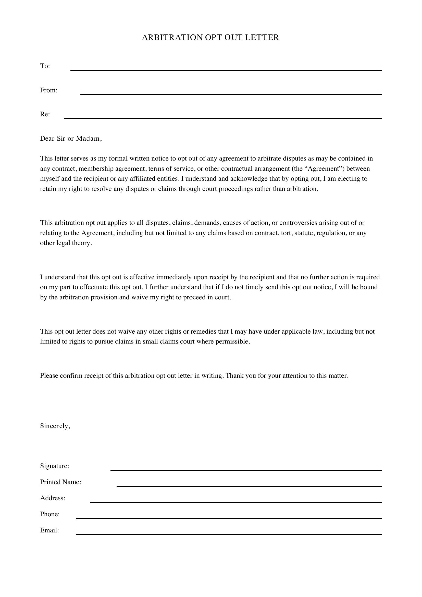 Arbitration Opt Out Letter Template - US