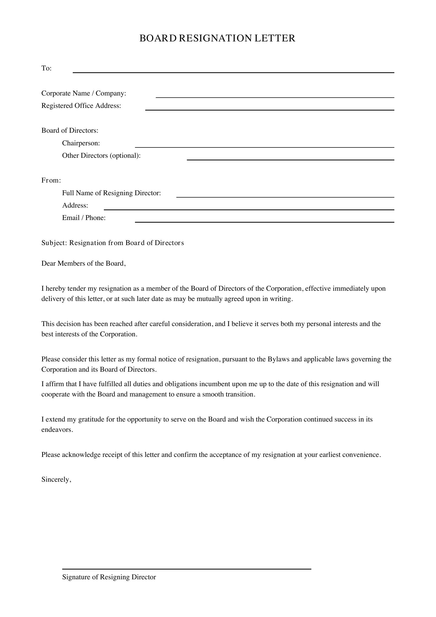 Board Resignation Letter Template - US