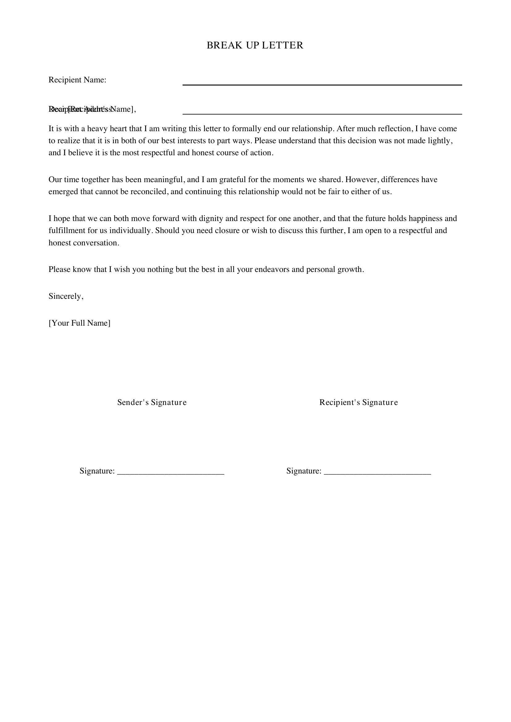 Break Up Letter Template - US