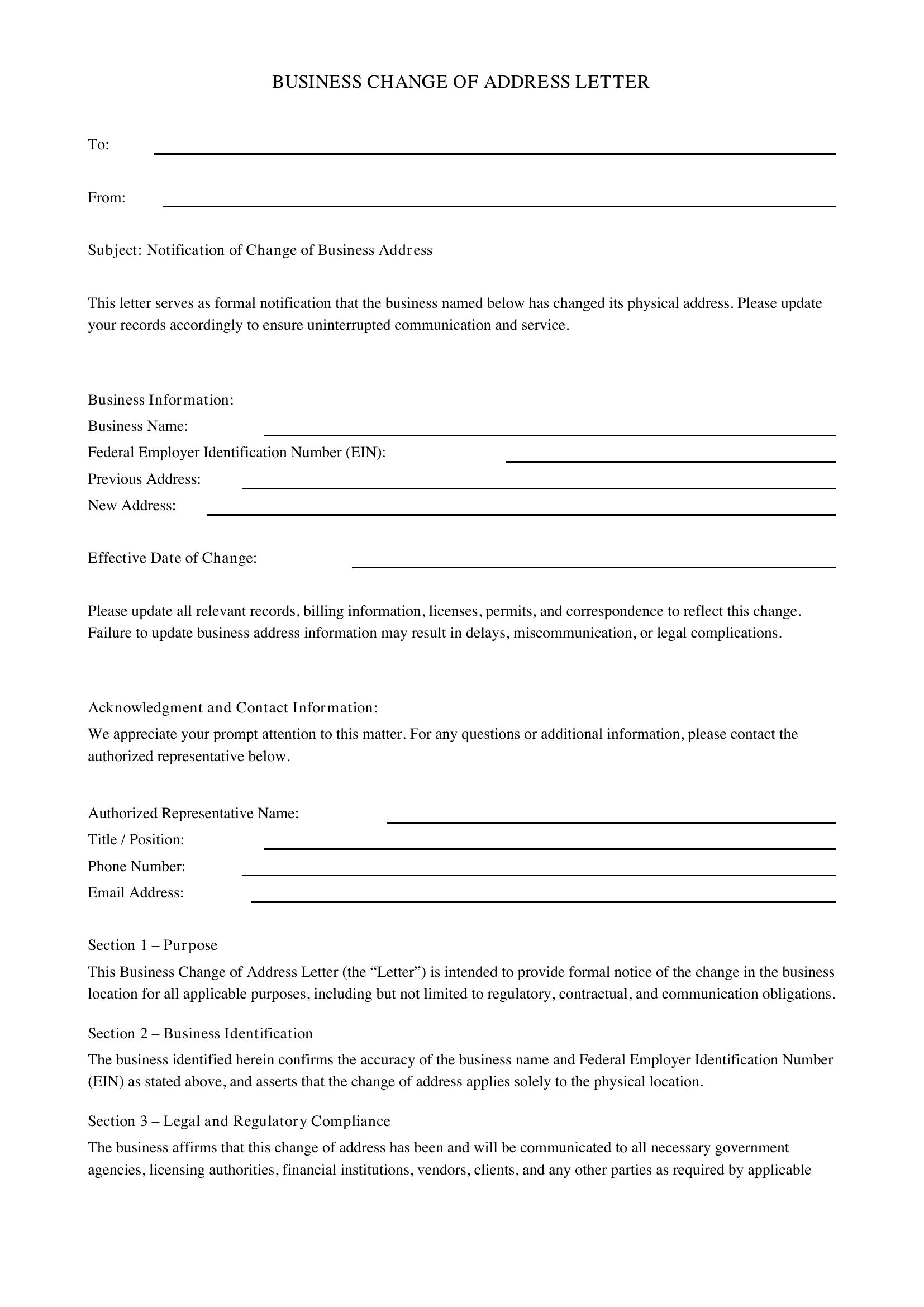 Business Change Of Address Letter Template - US