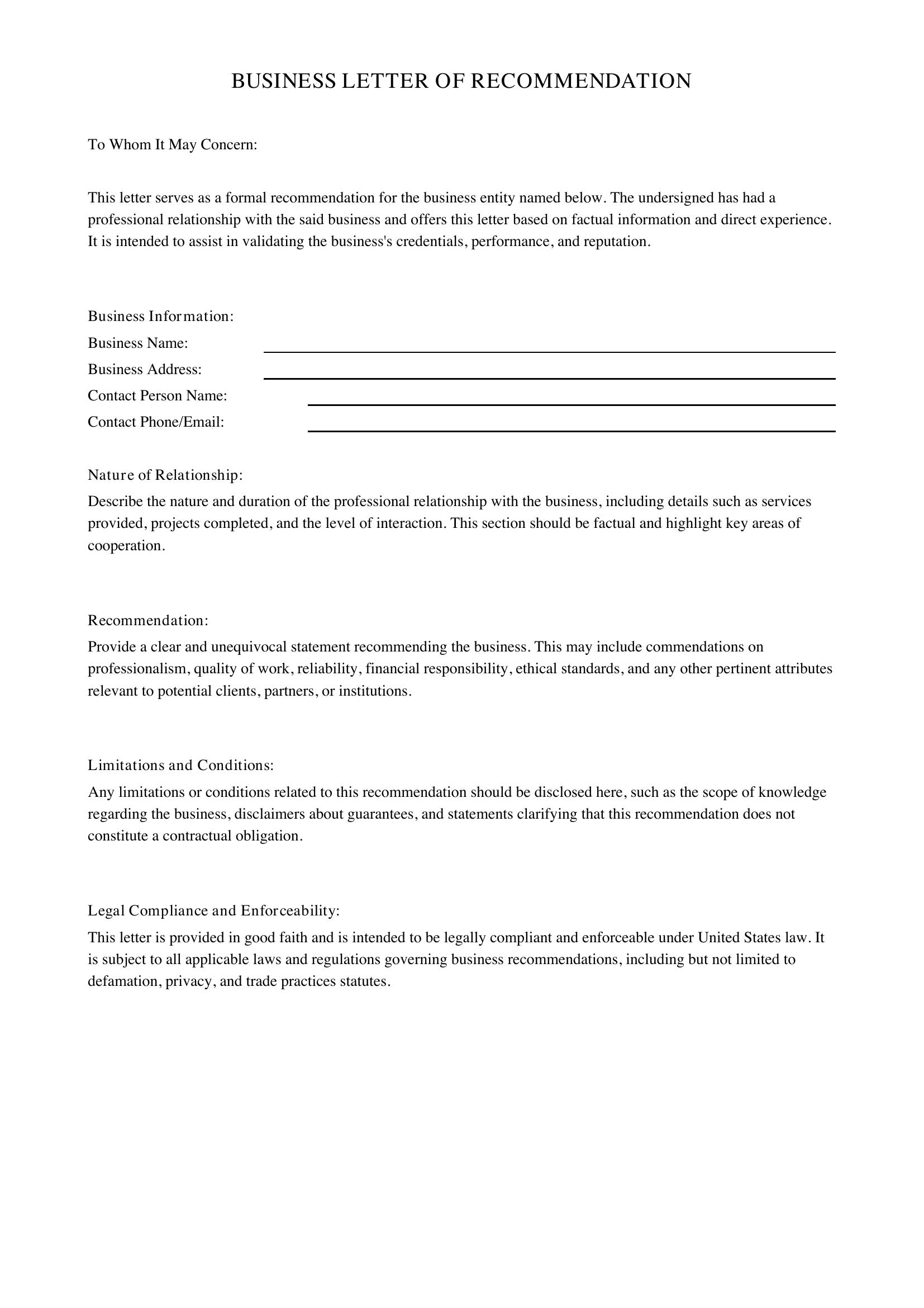 Business Letter Of Recommendation Template - US