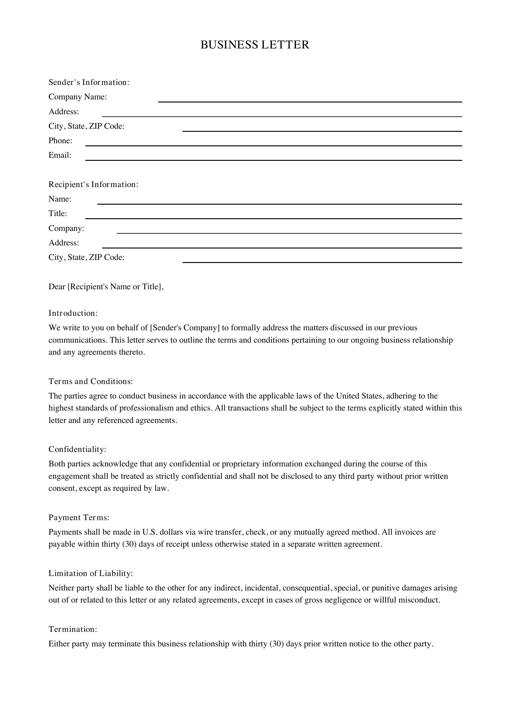 Business Letter Template - US
