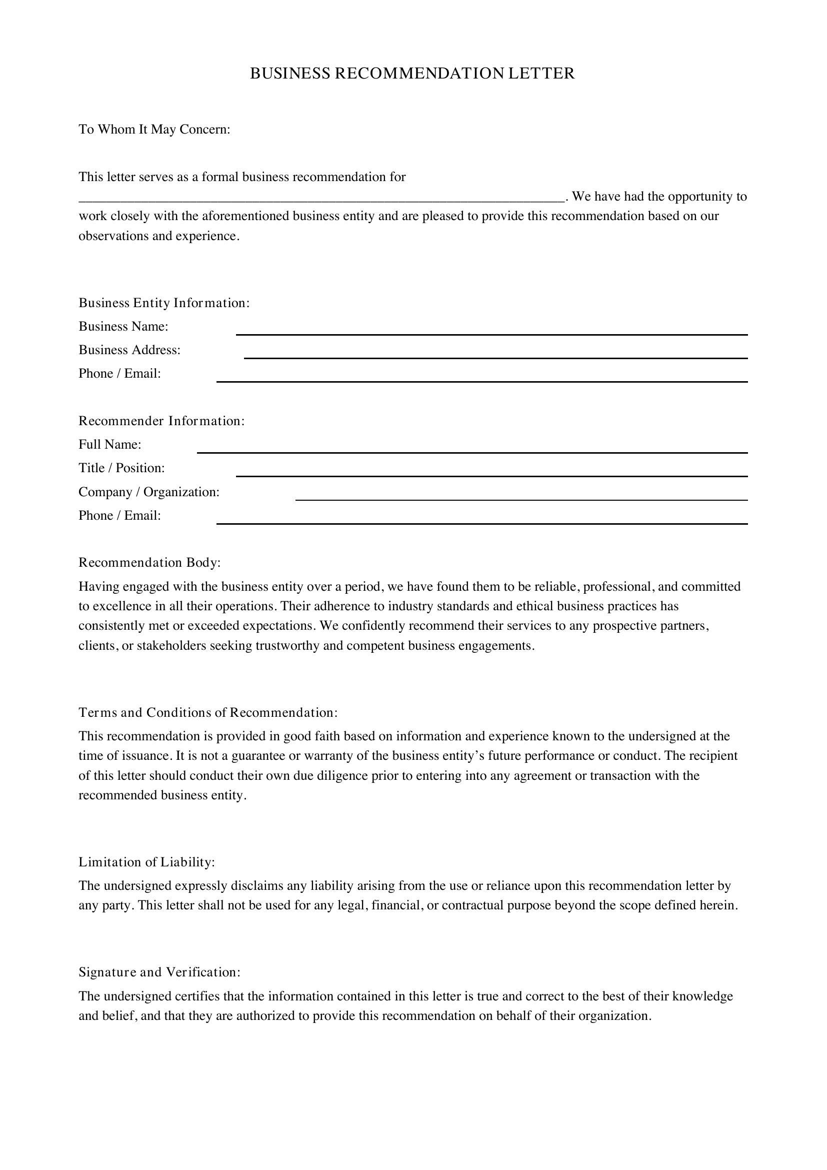 Business Recommendation Letter Template - US