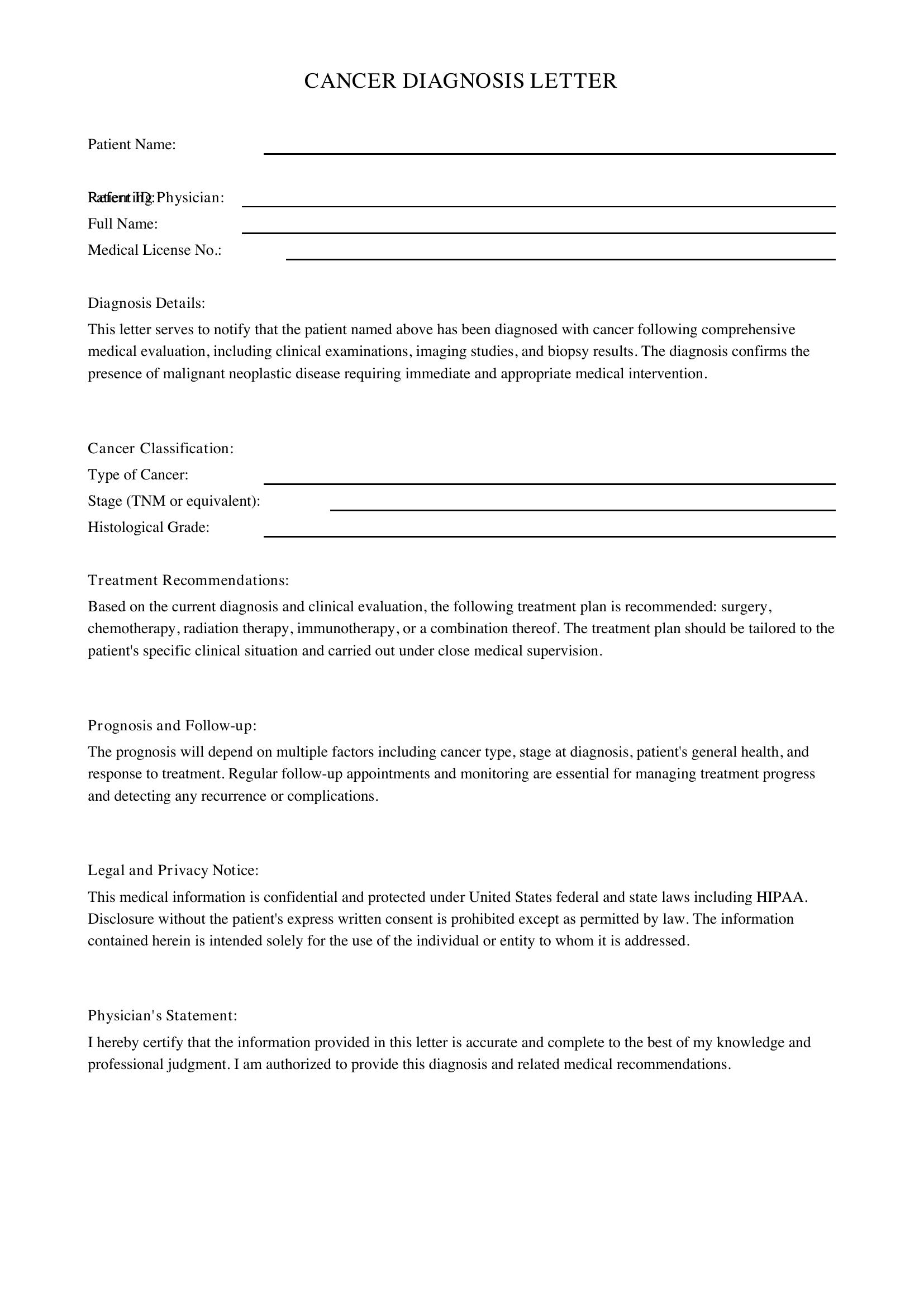Cancer Diagnosis Letter Template - US