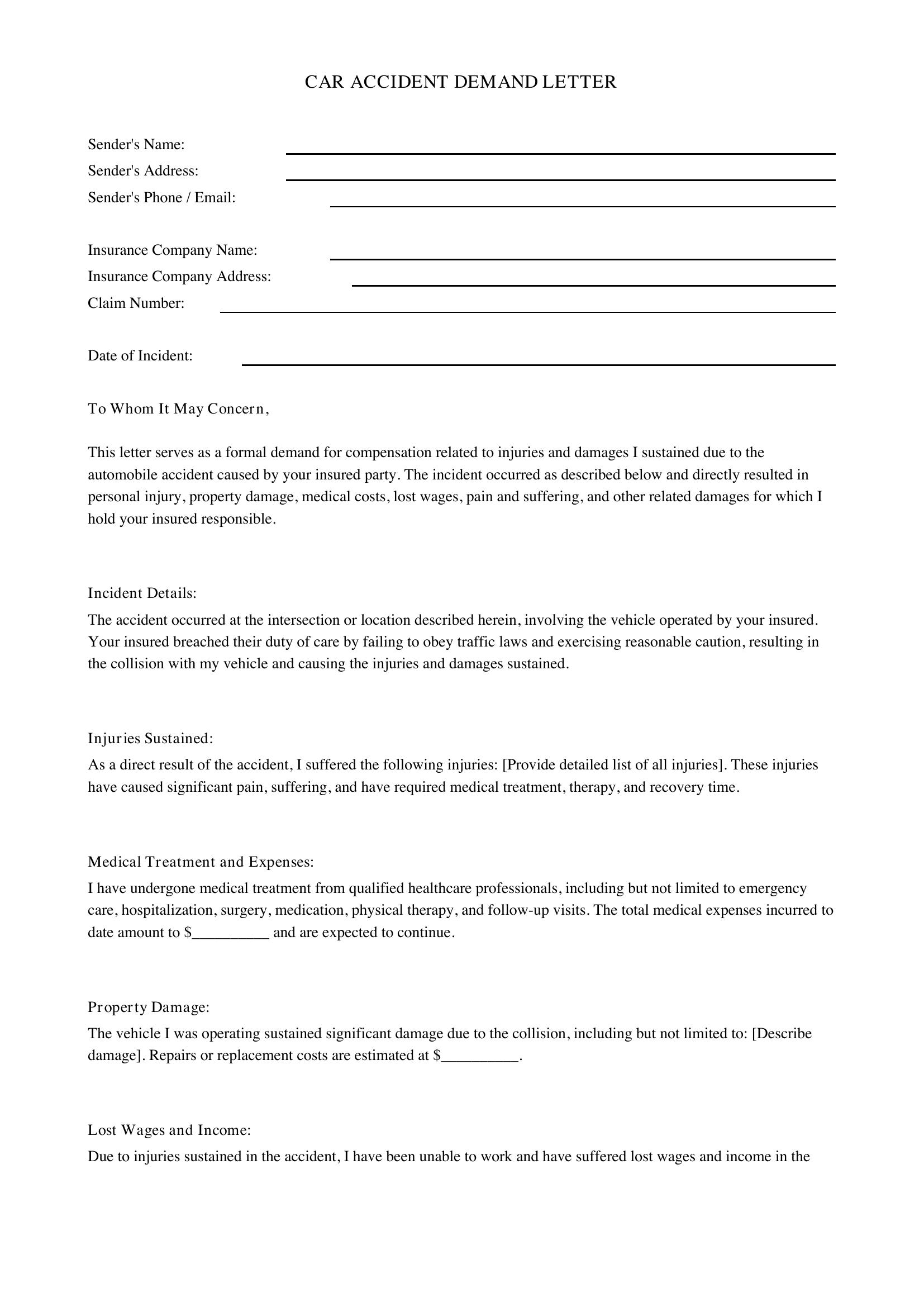 Car Accident Demand Letter Template - US