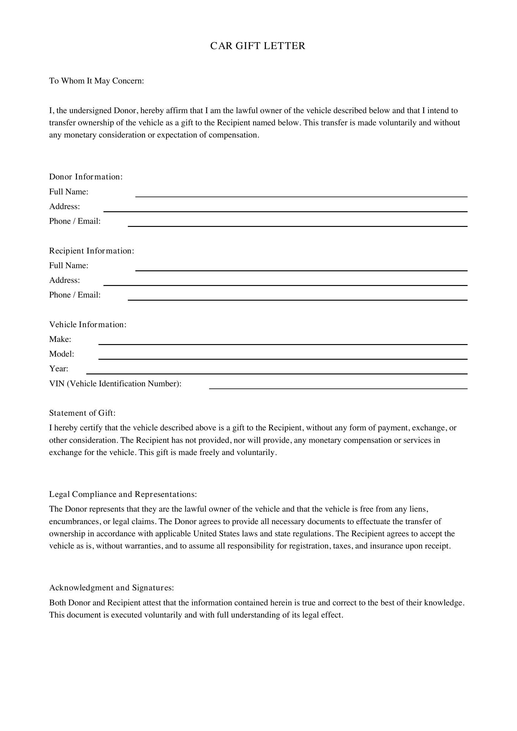 Car Gift Letter Template - US