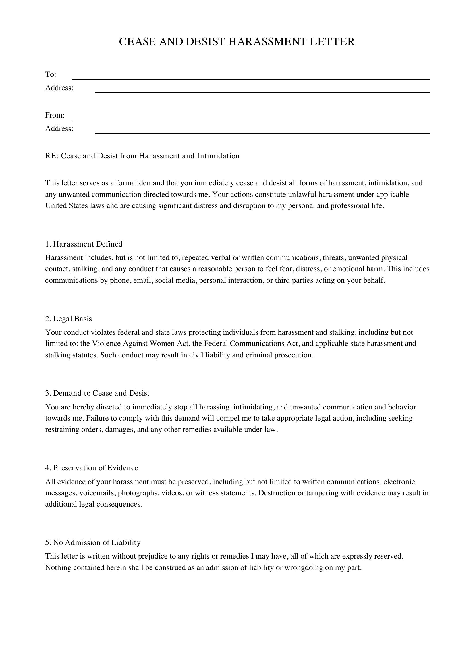 Cease And Desist Harassment Letter Template - US
