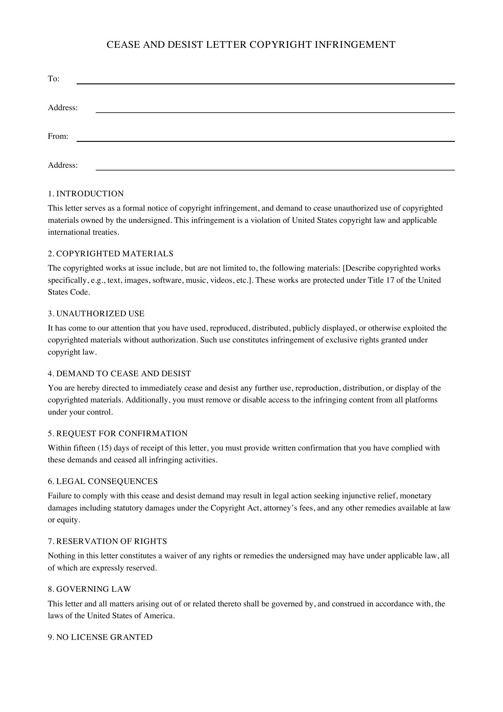 Cease And Desist Letter Copyright Infringement Template - US