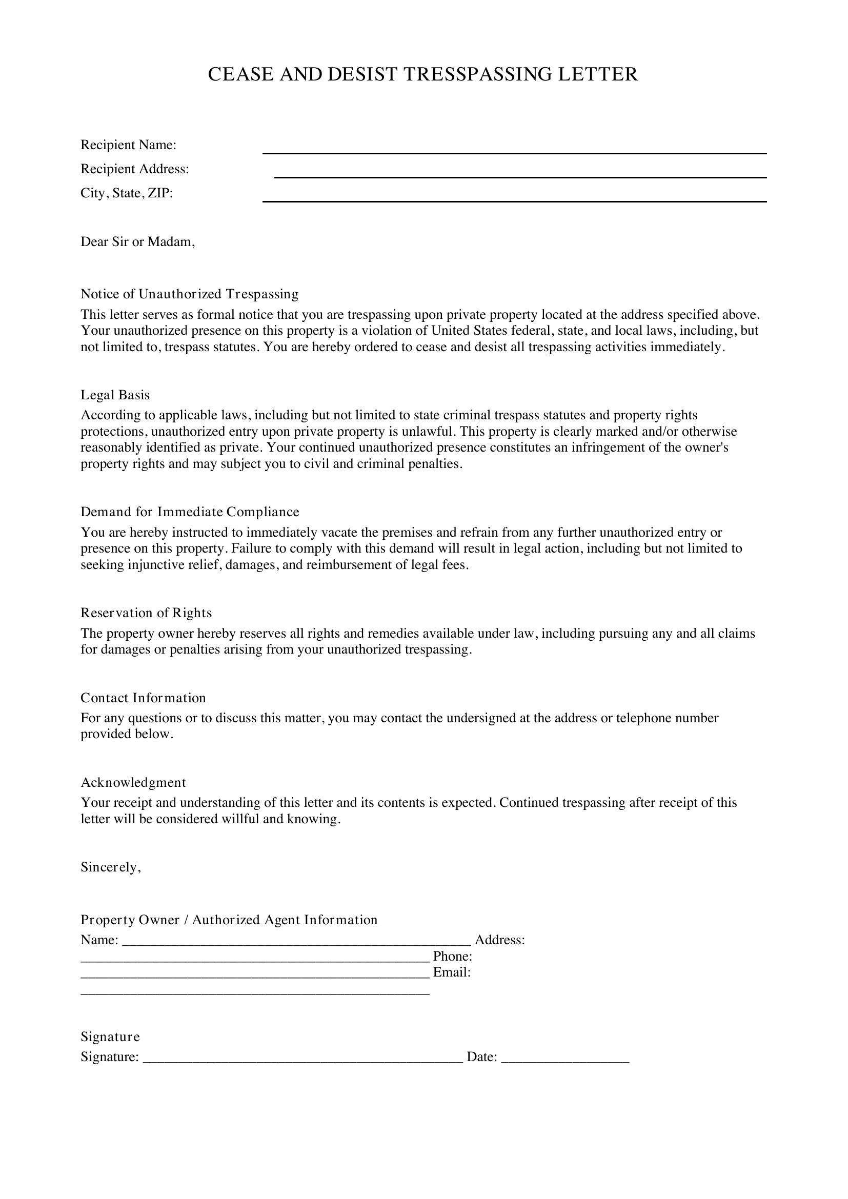 Cease And Desist Trespassing Letter Template - US