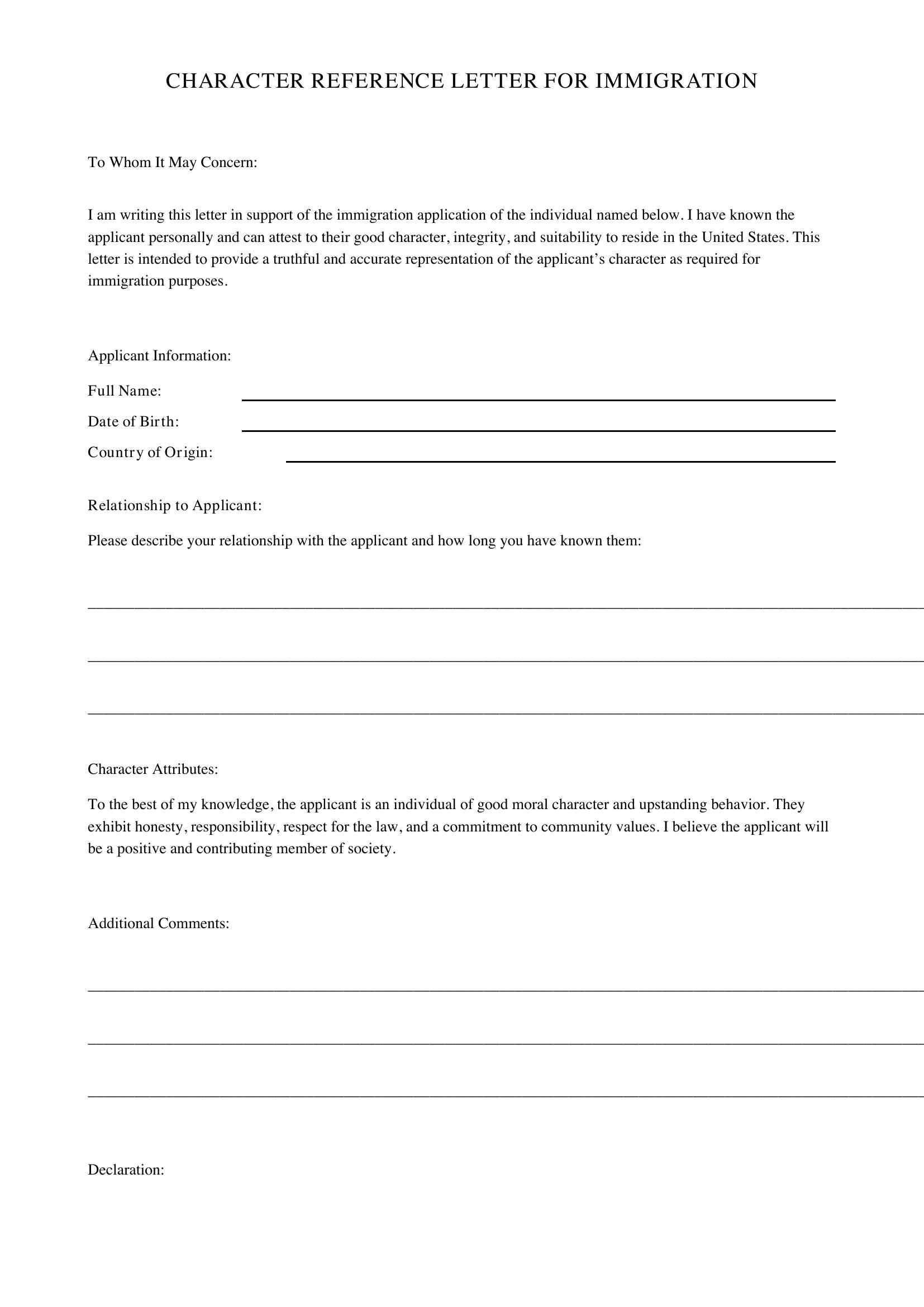 Character Reference Letter For Immigration Template - US