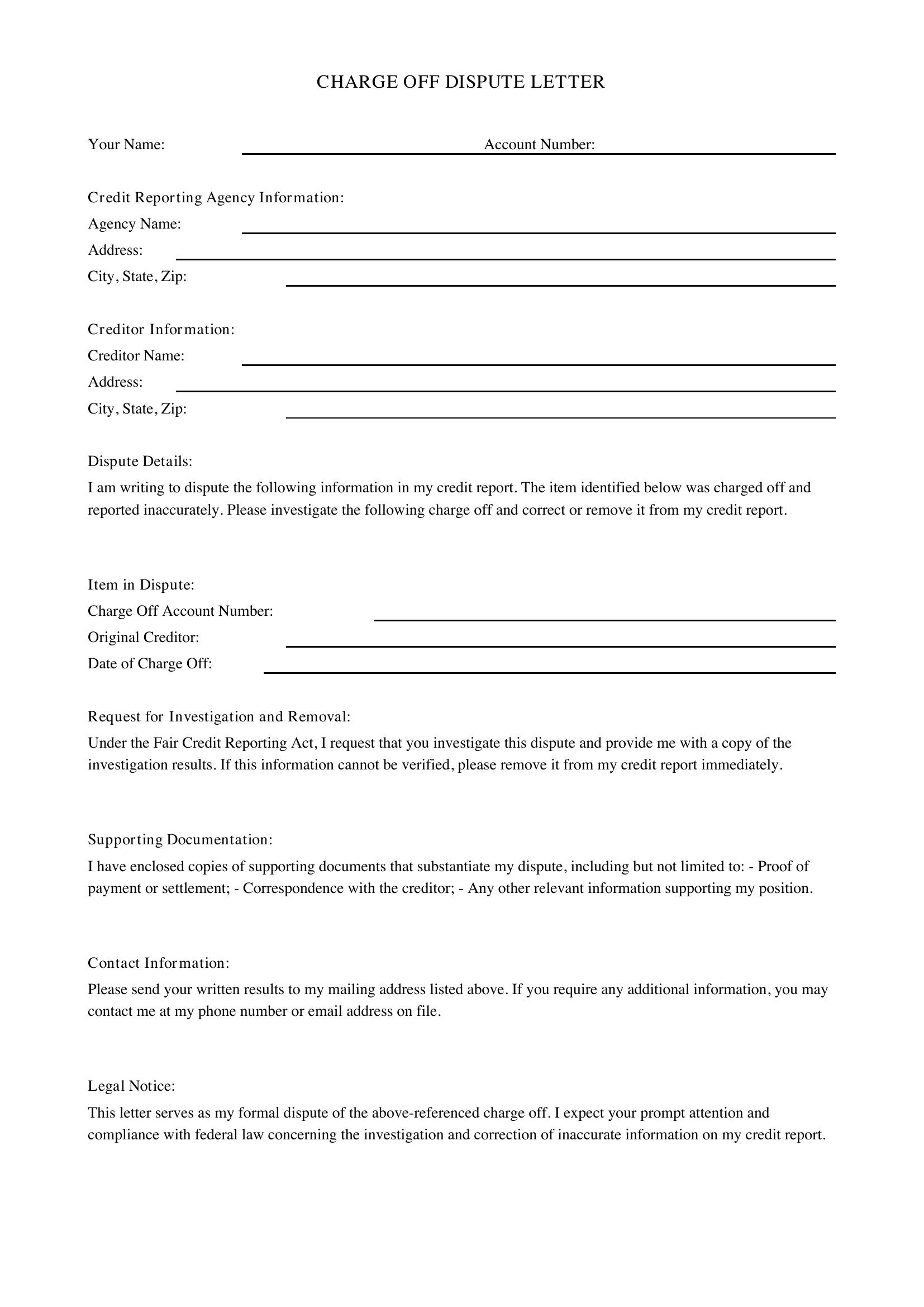 Charge Off Dispute Letter Template - US