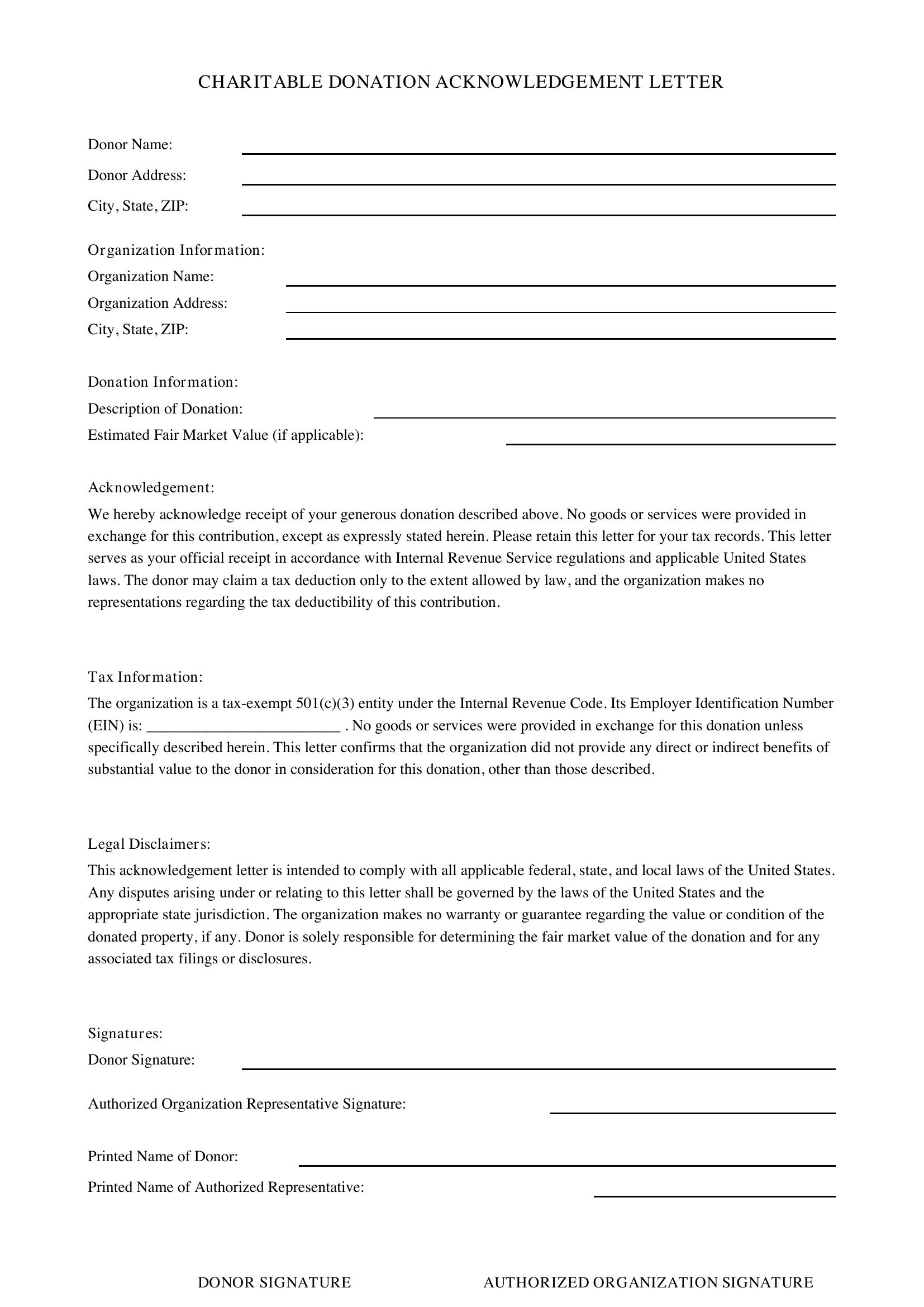 Charitable Donation Acknowledgement Letter Template - US