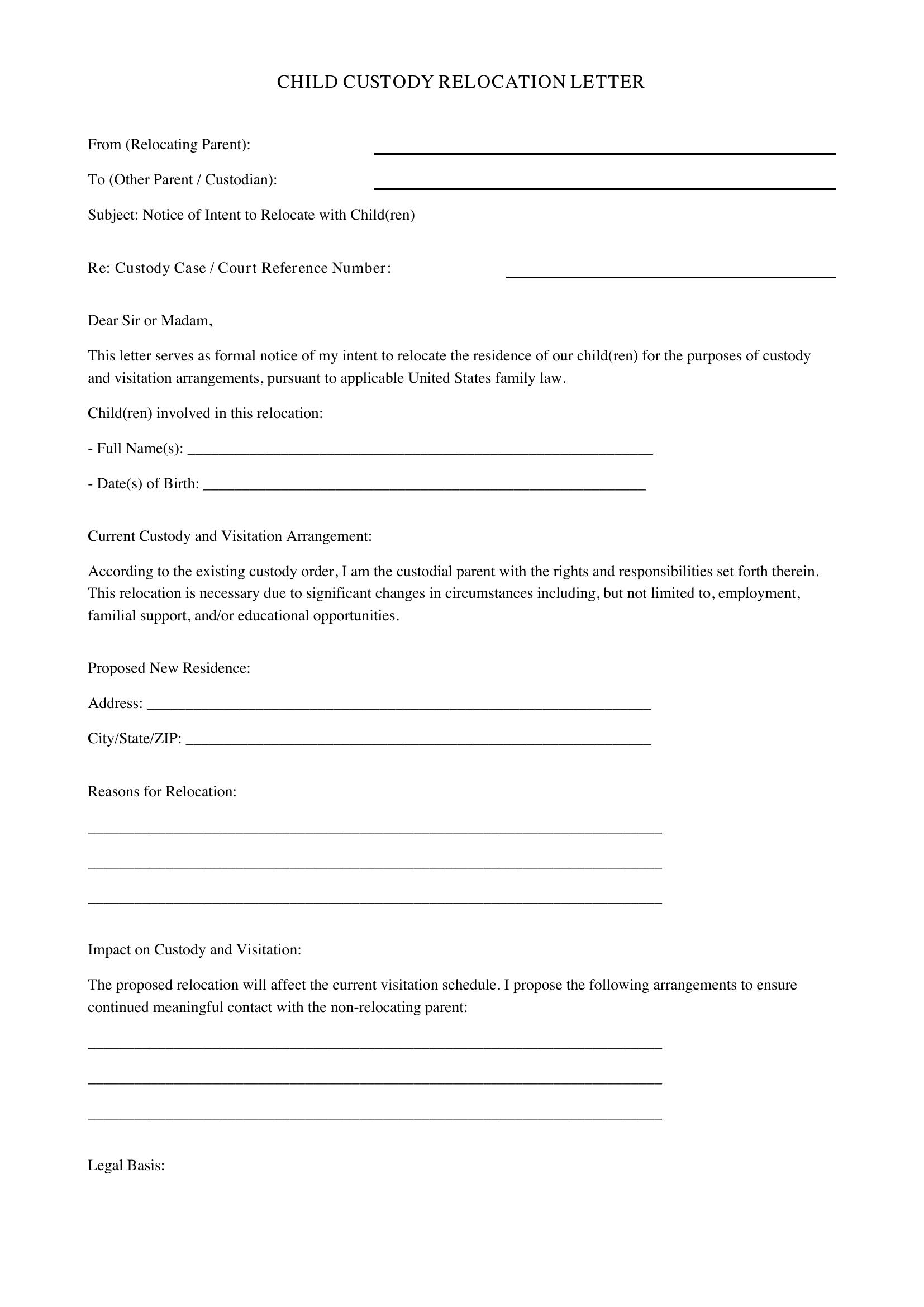 Child Custody Relocation Letter Template - US