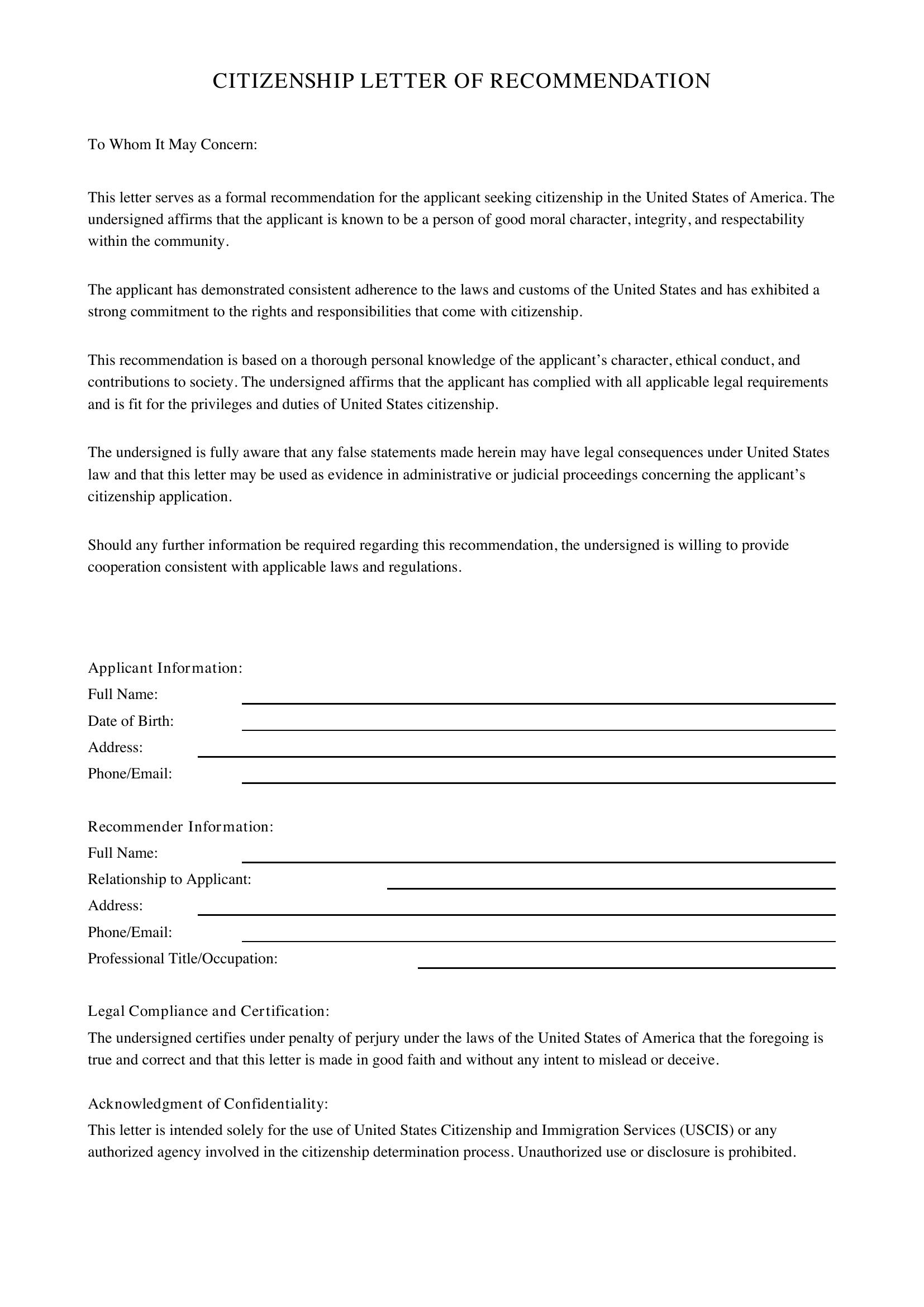 Citizenship Letter Of Recommendation Template - US