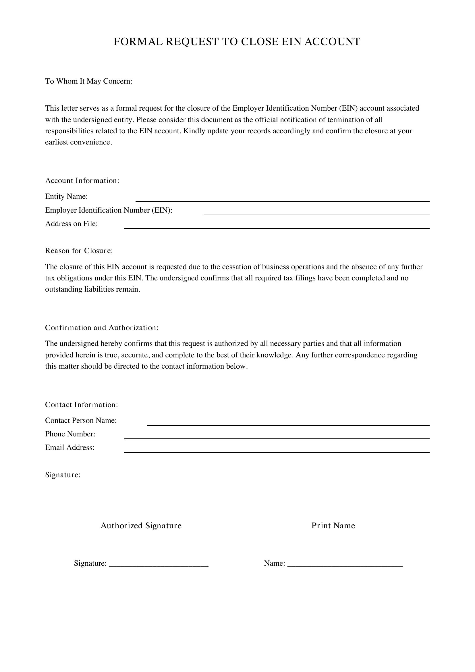 Close Ein Letter Template - US