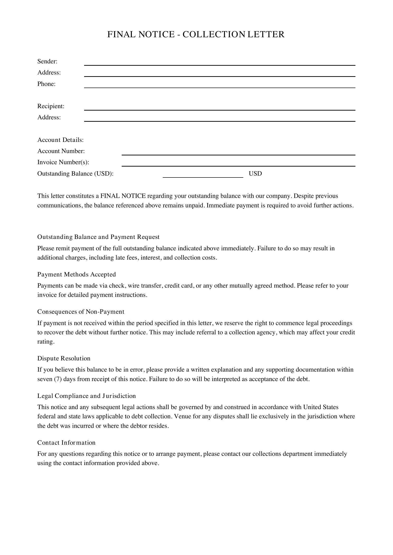 Collection Letter Final Notice Template - US