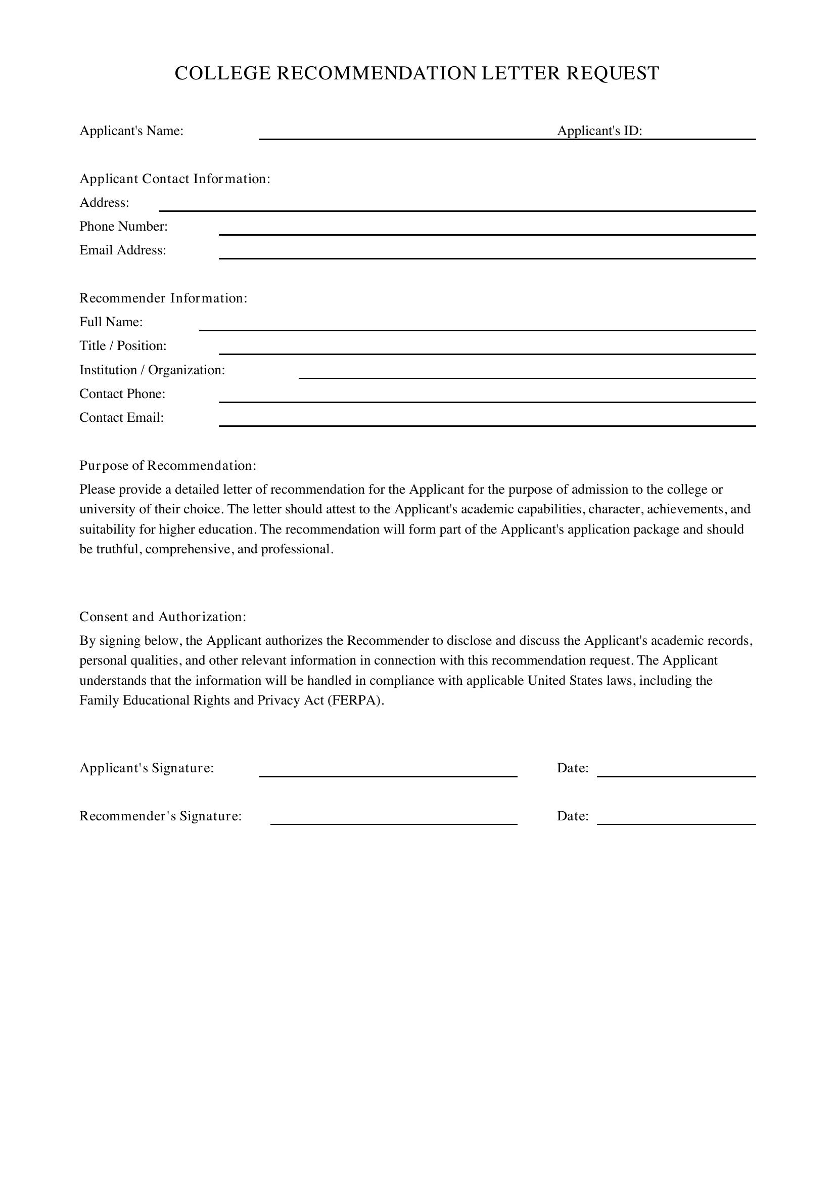 College Recommendation Letter Request Template - US