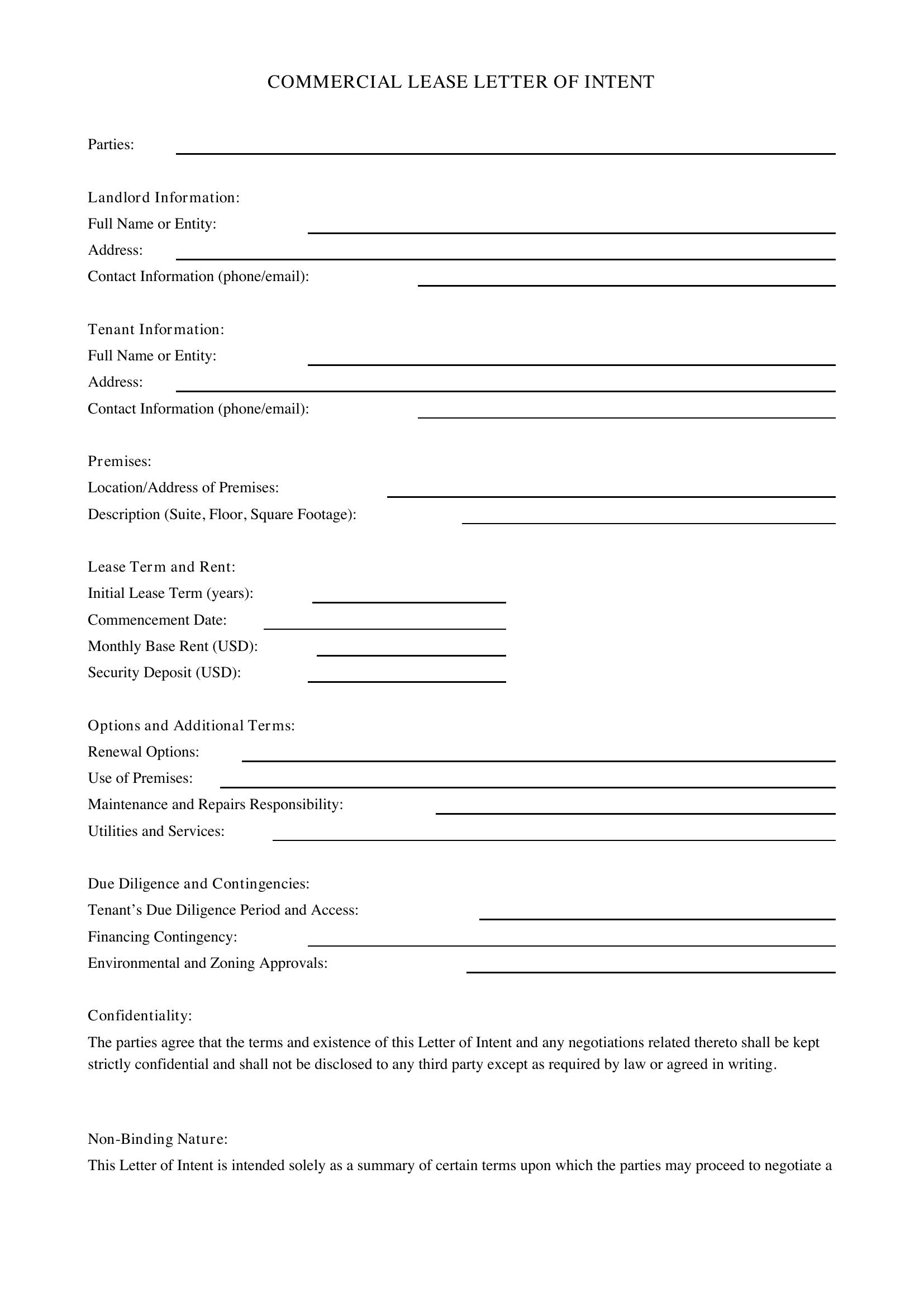 Commercial Lease Letter Of Intent Template - US