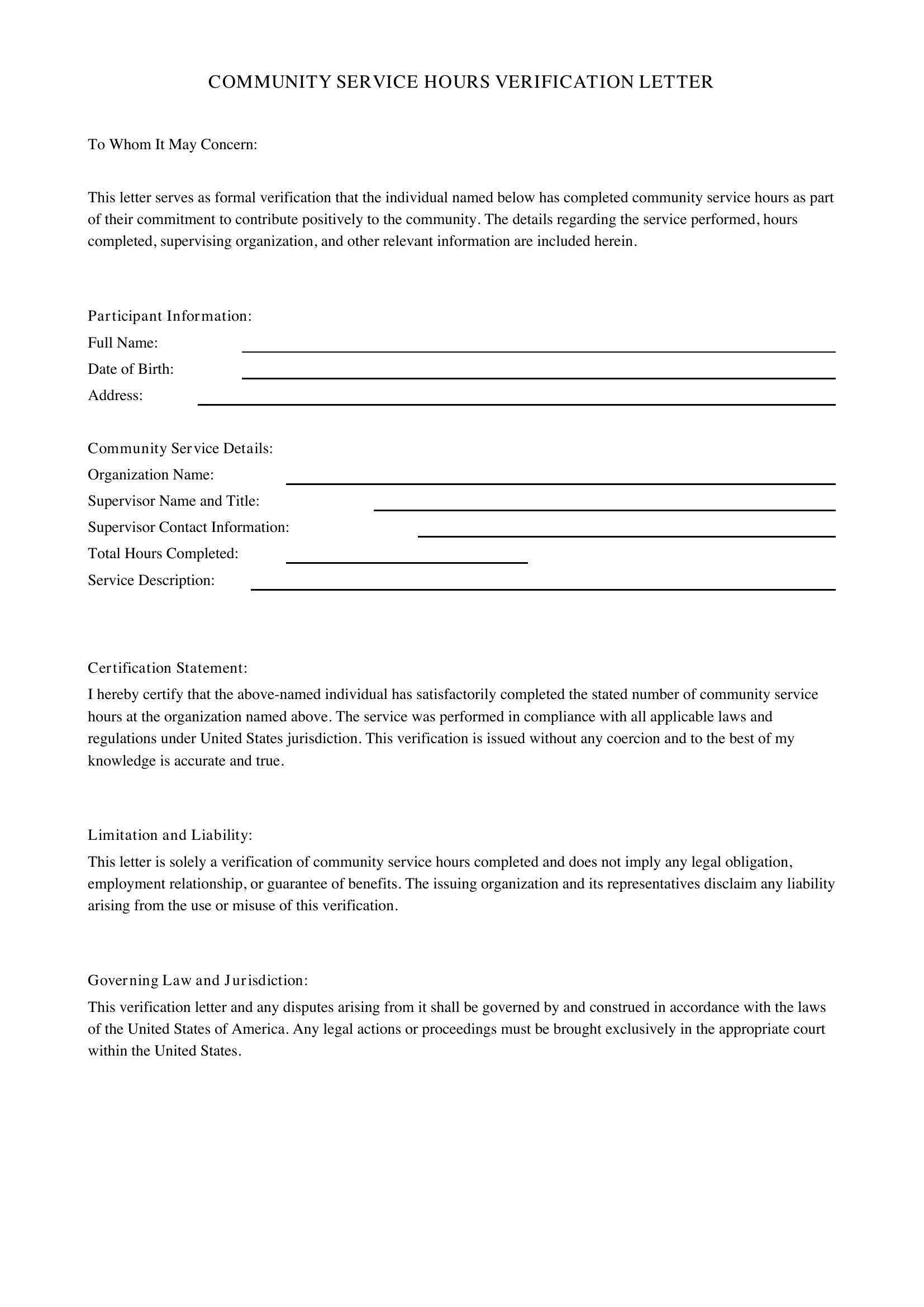 Community Service Hours Letter Template - US