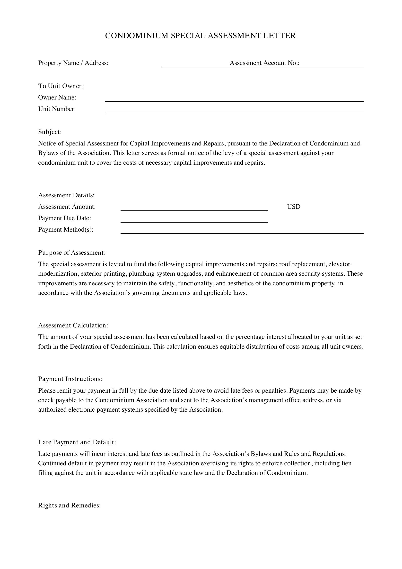 Condo Special Assessment Letter Template - US