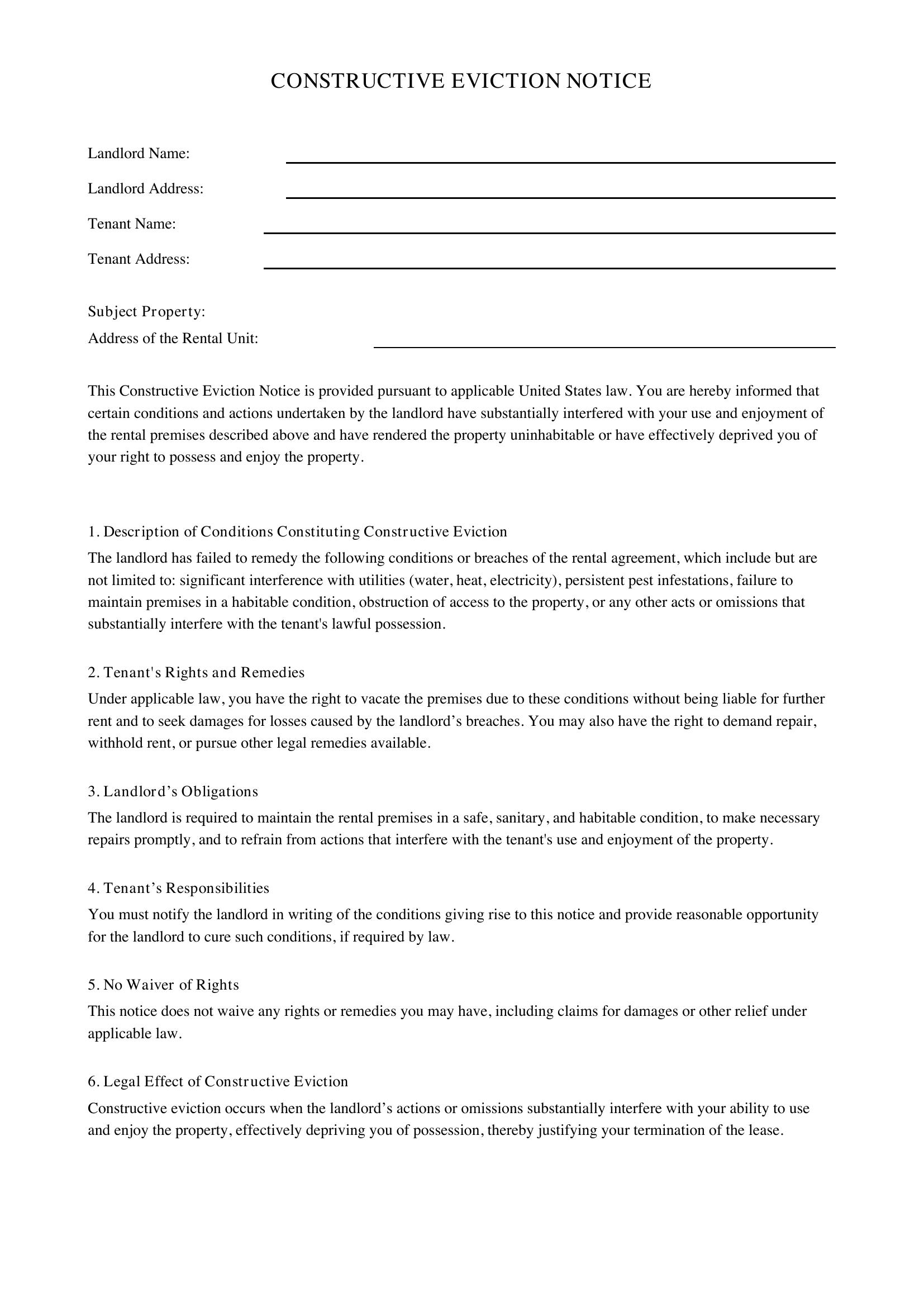 Constructive Eviction Letter Template - US