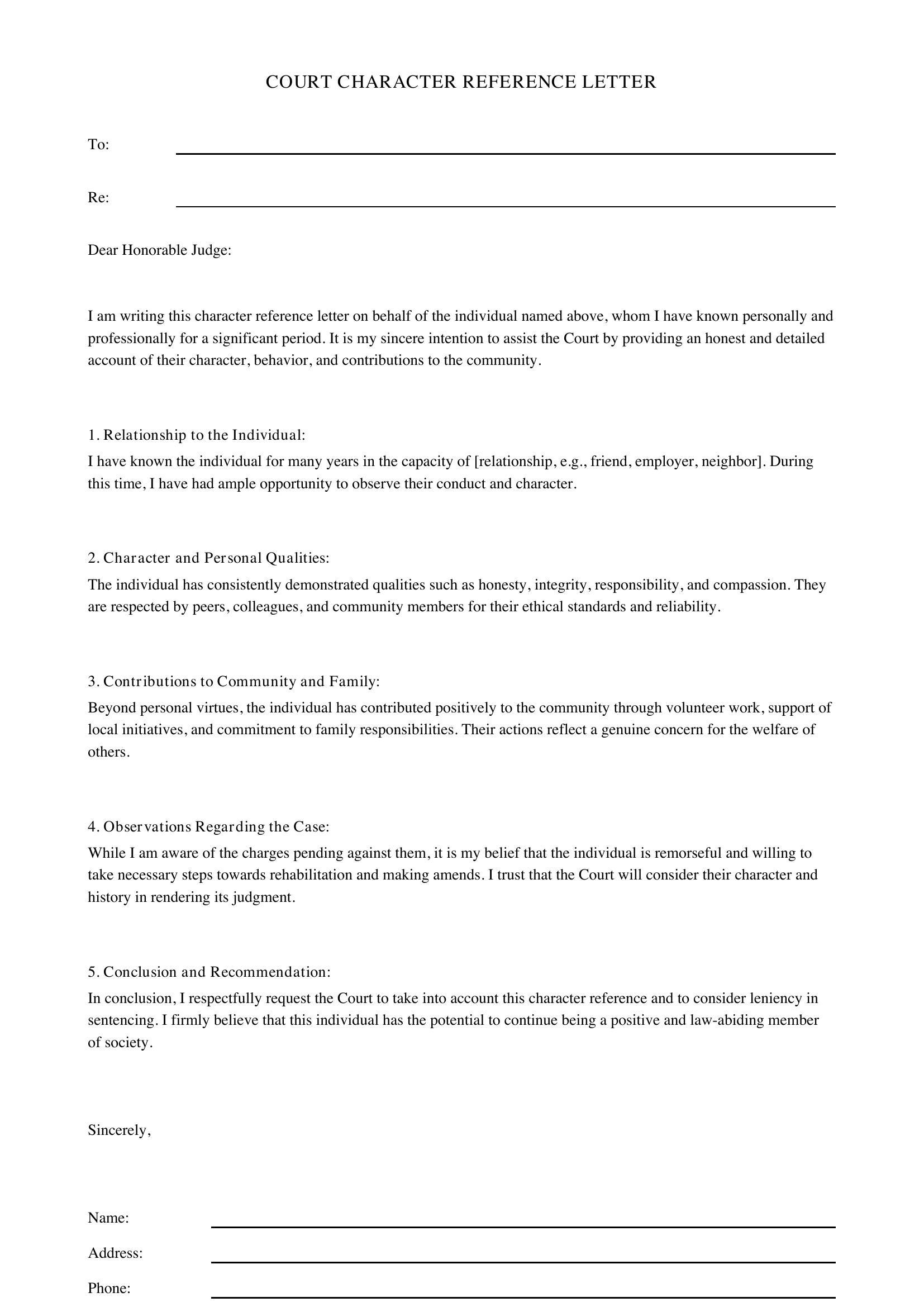 Court Character Reference Letter Template - US