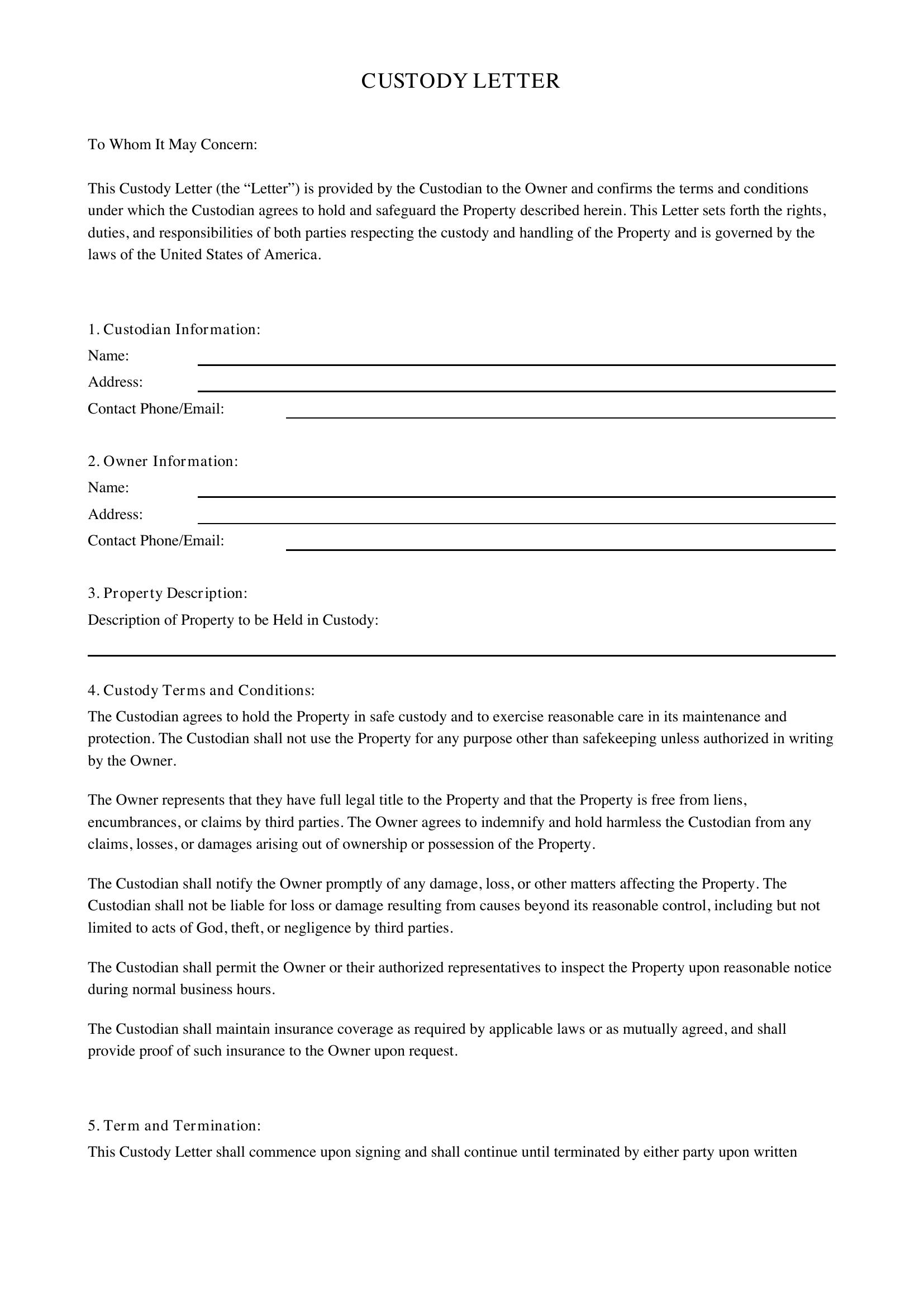 Custody Letter Template - US