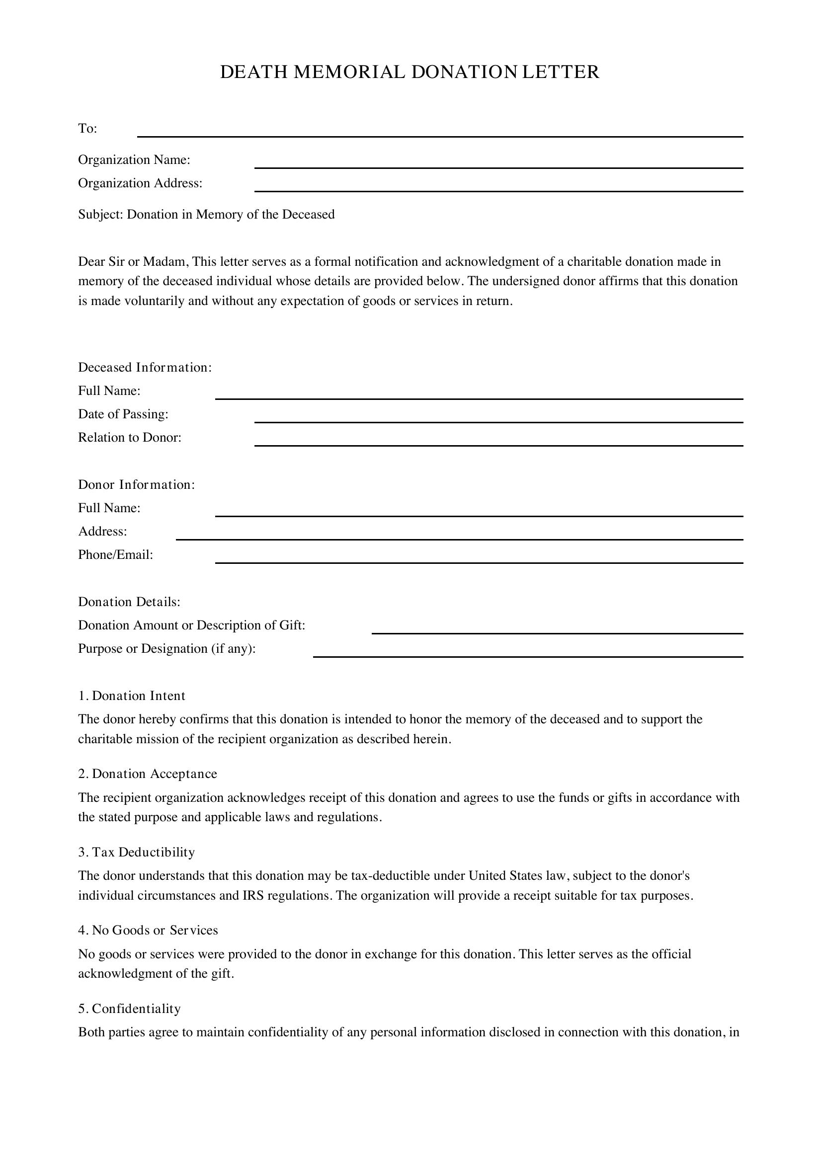 Death Memorial Donation Letter Template - US