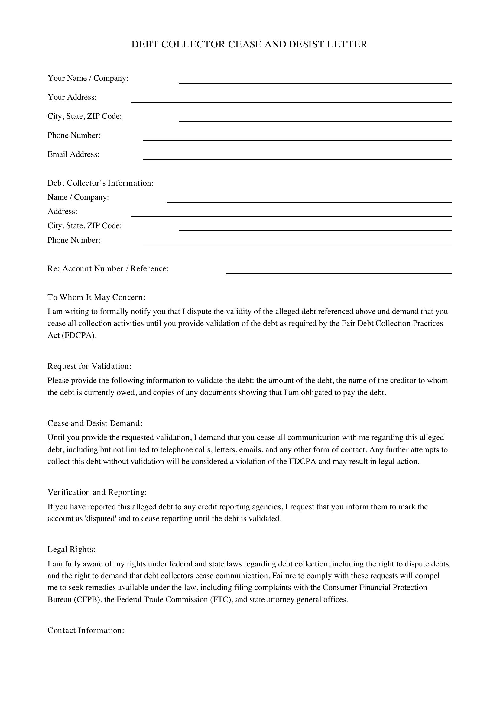 Debt Collector Cease And Desist Letter Template - US