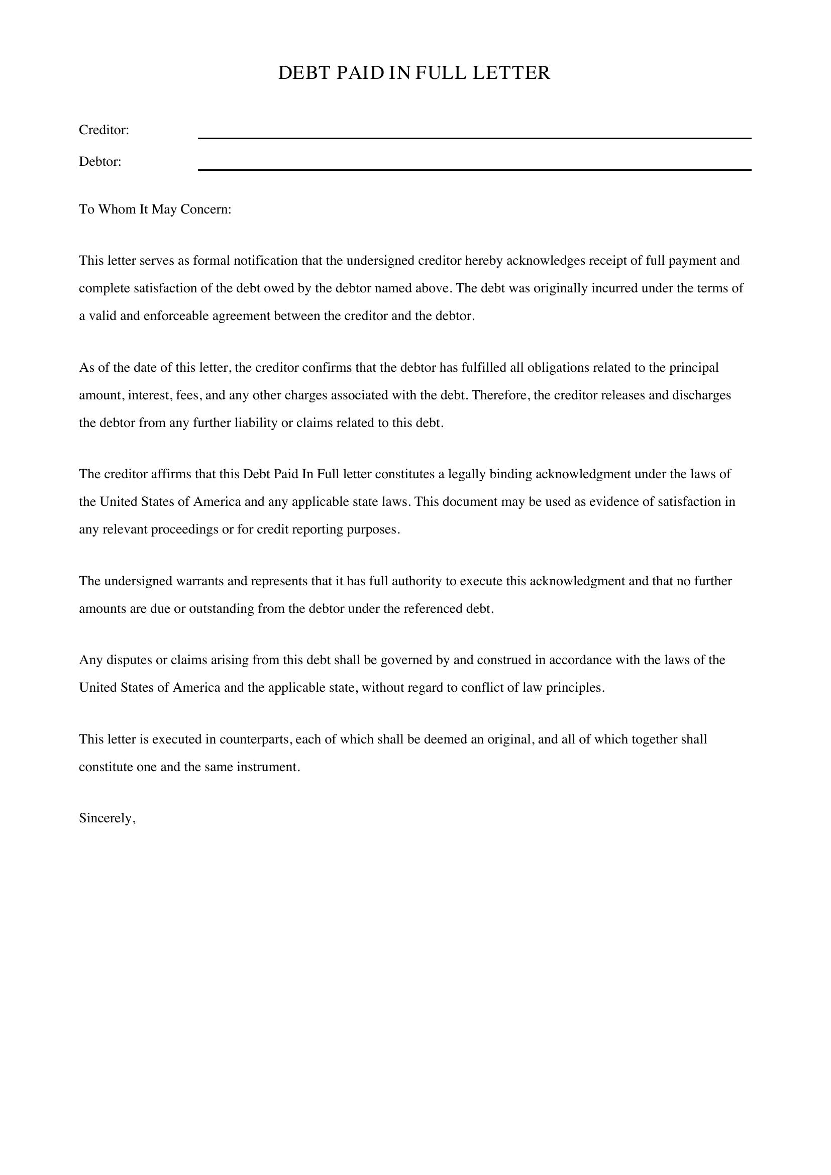 Debt Paid In Full Letter Template - US