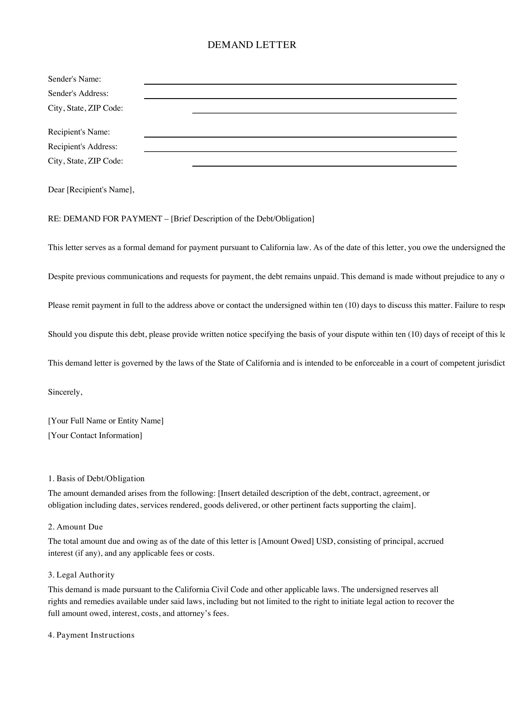 Demand Letter California Template - US