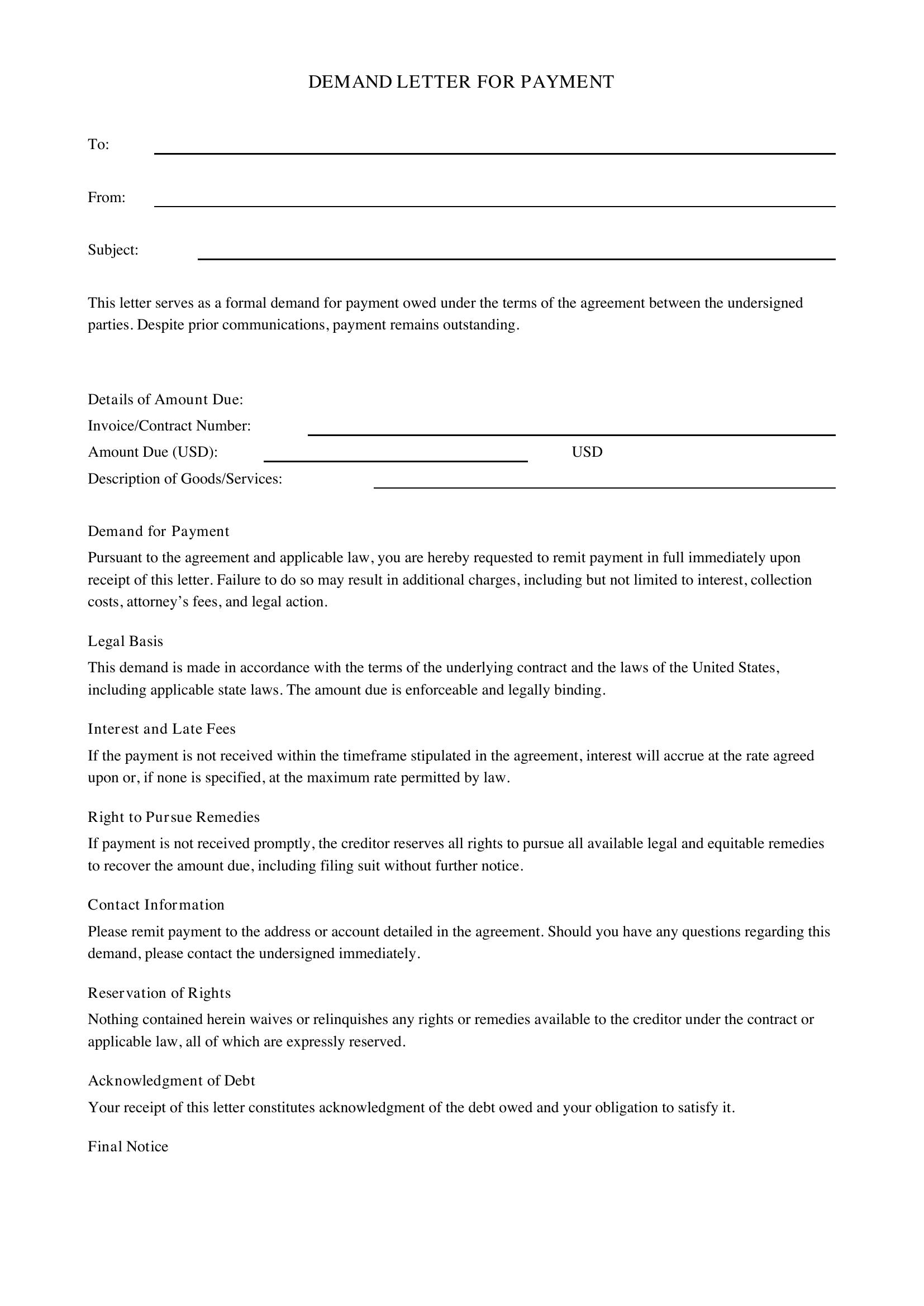 Demand Letter For Payment Template - US