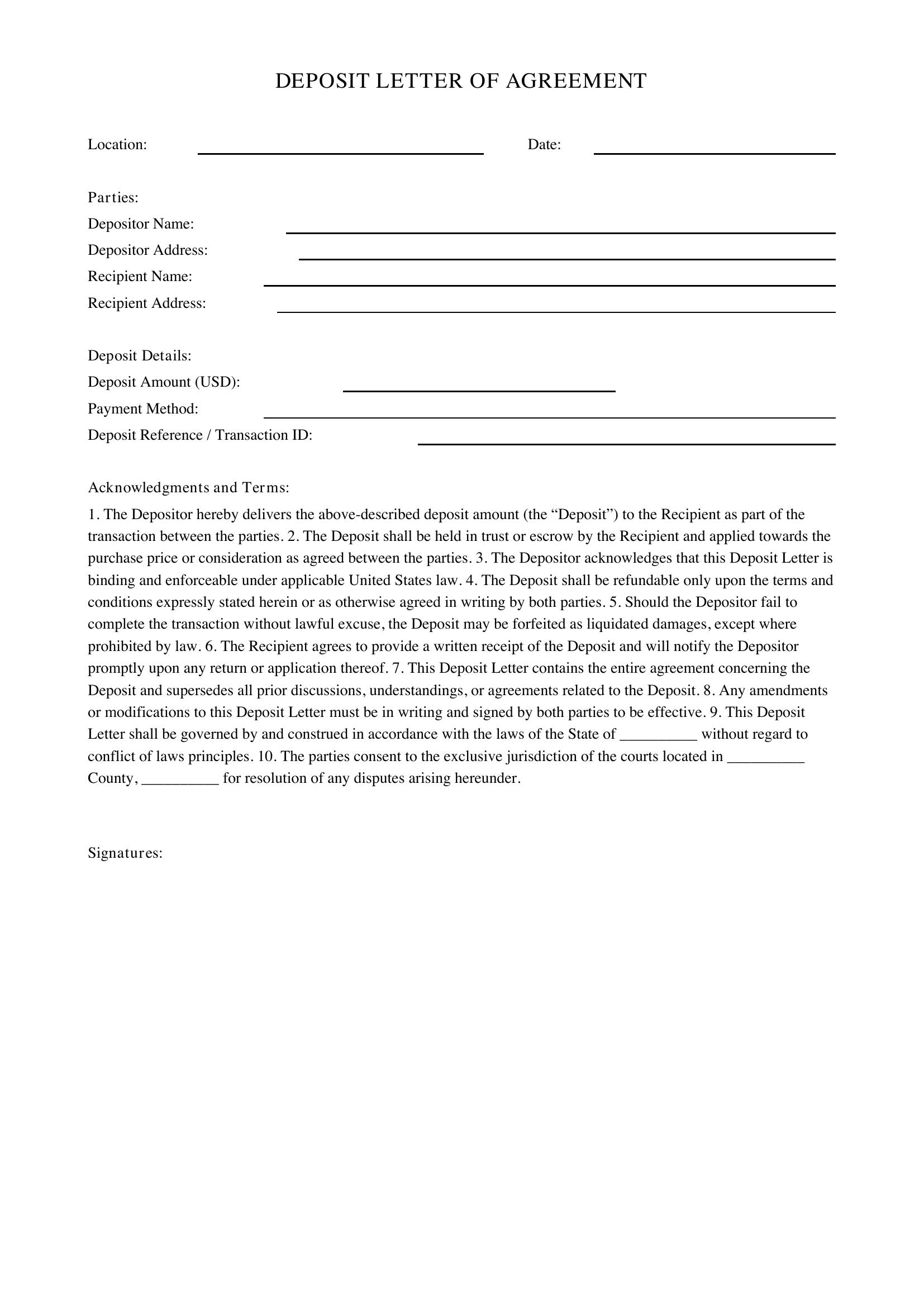 Deposit Letter Template - US