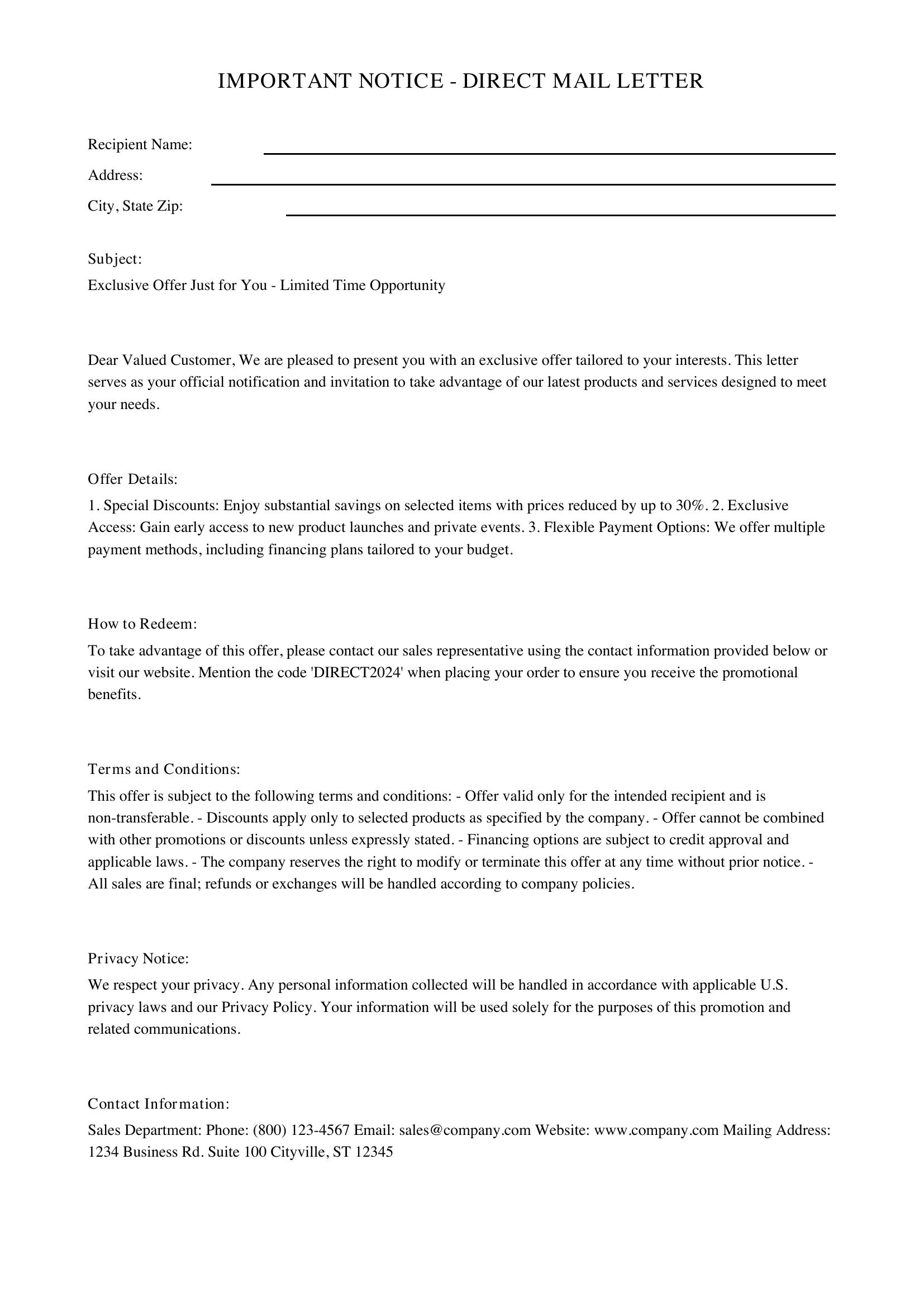 Direct Mail Letter Template - US
