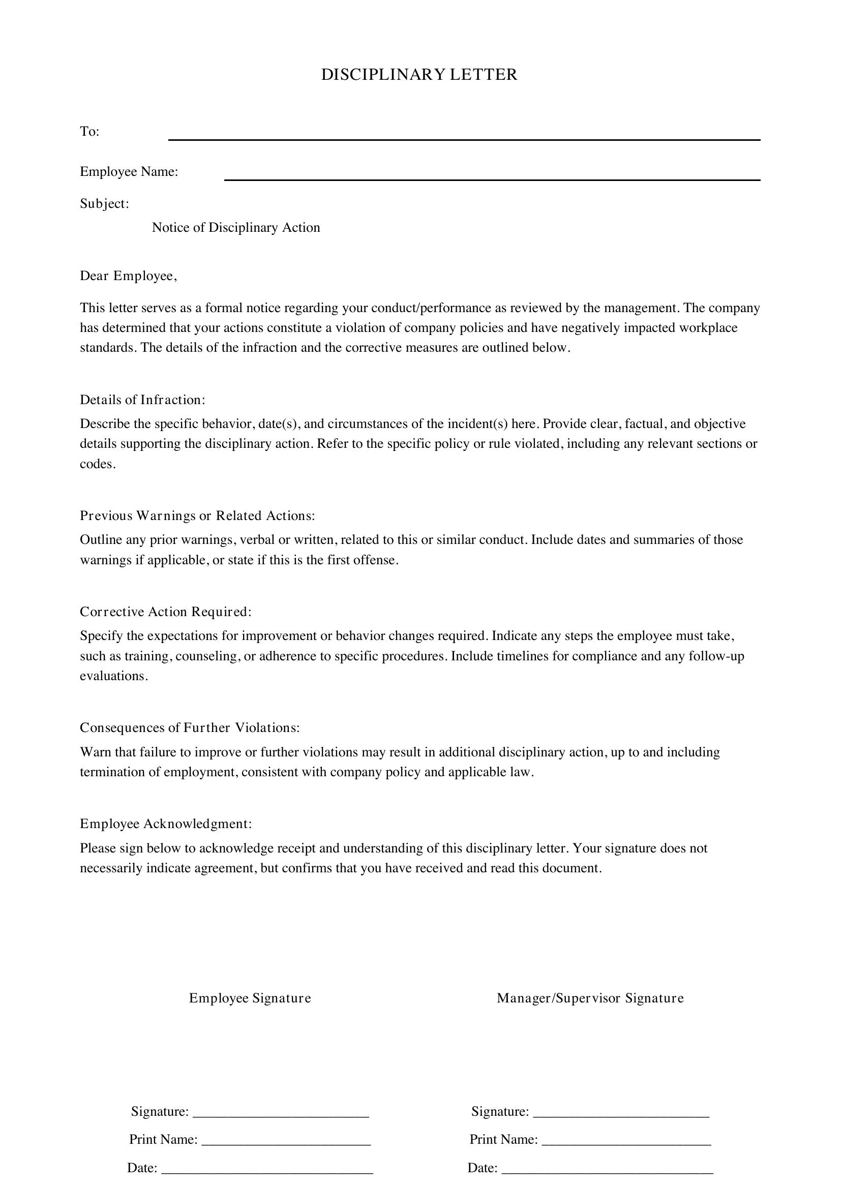 Disciplinary Letter Template - US