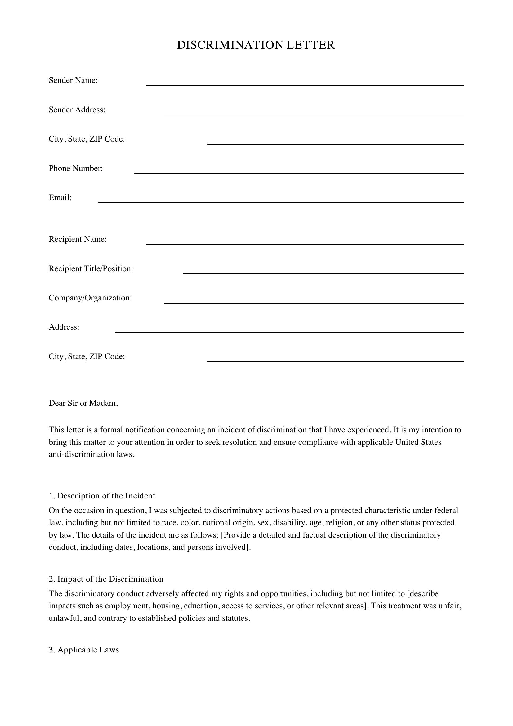 Discrimination Letter Template - US