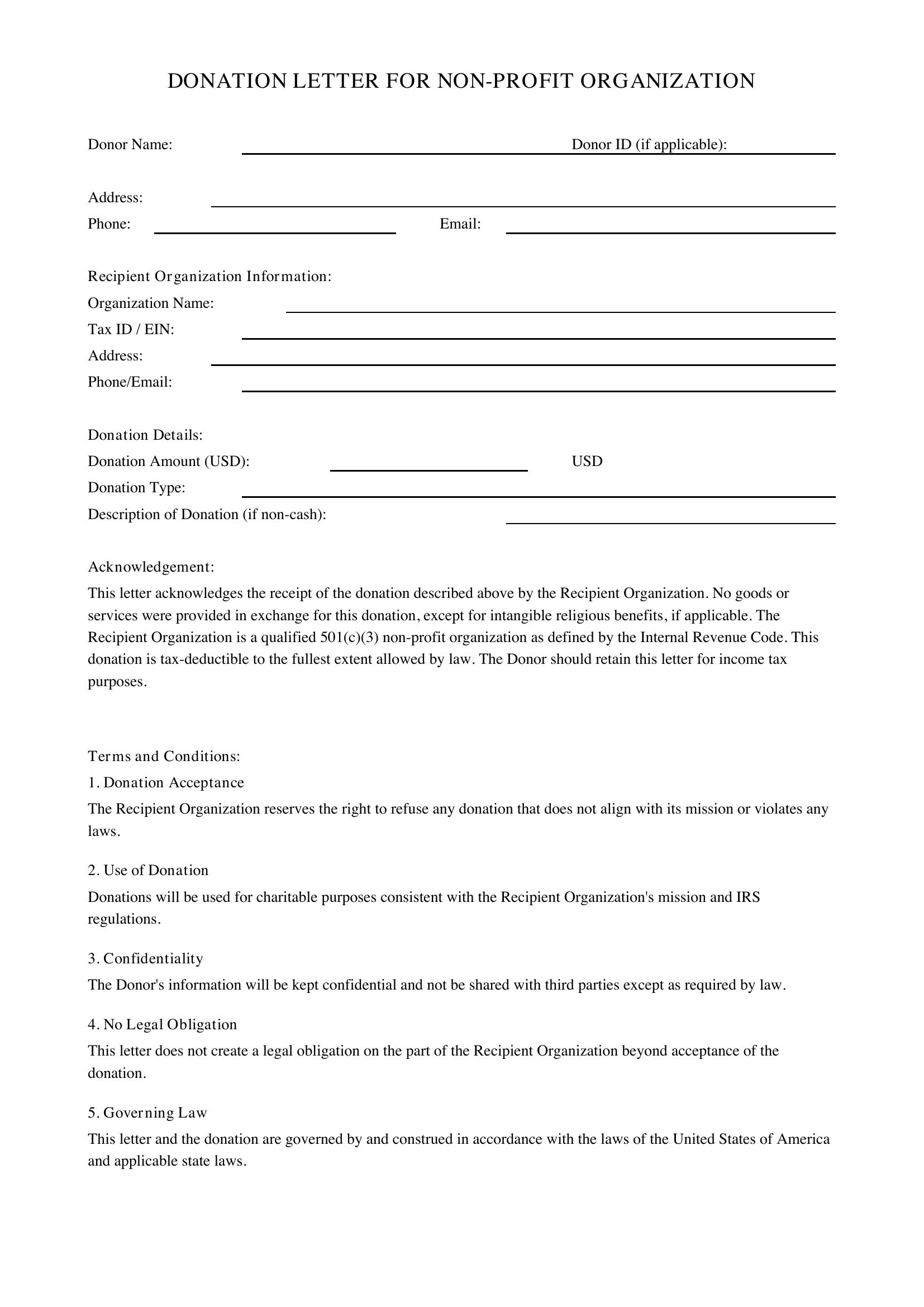 Donation Letter For Non Profit Template - US