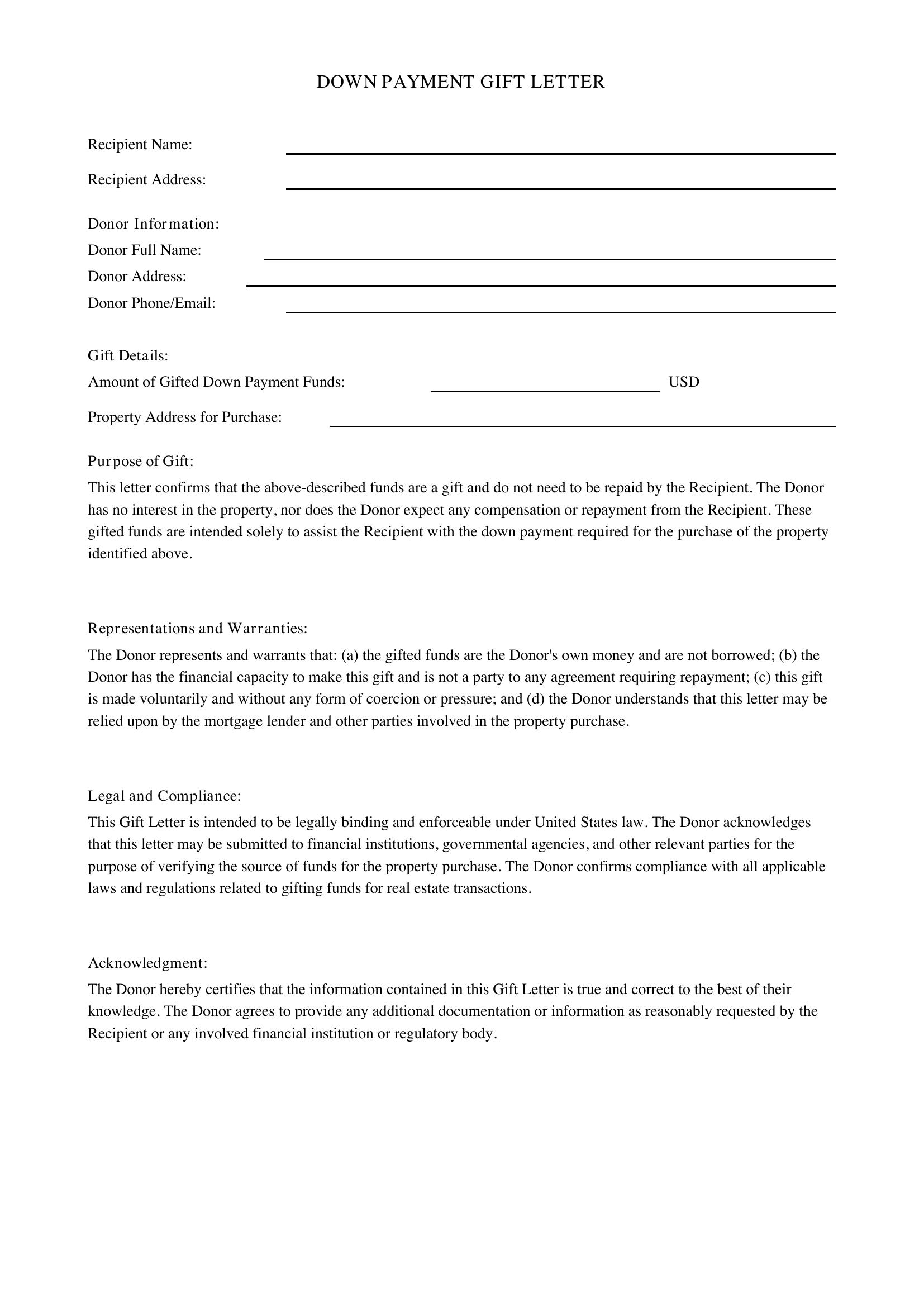 Down Payment Gift Letter Template - US