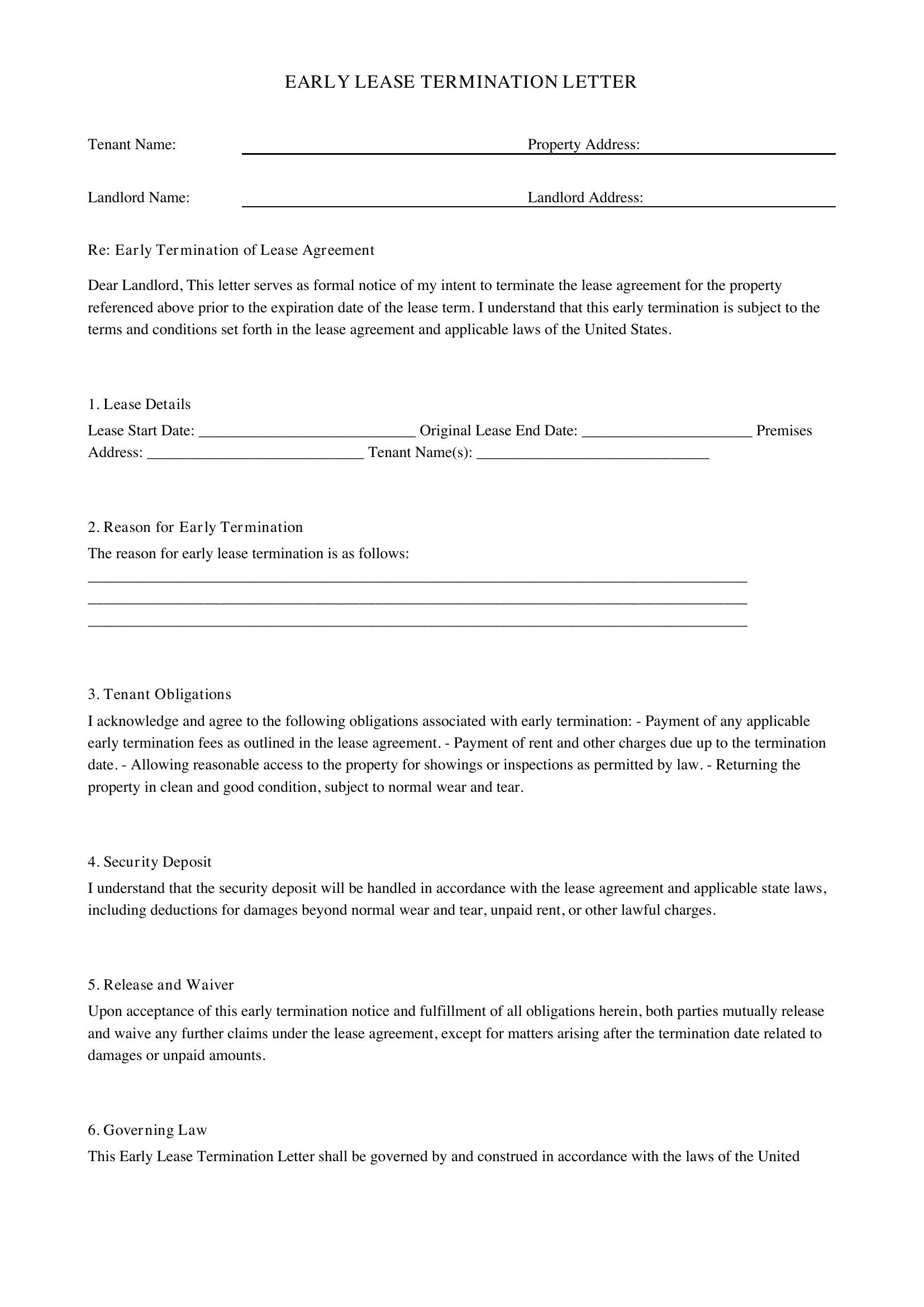 Early Lease Termination Letter Template - US