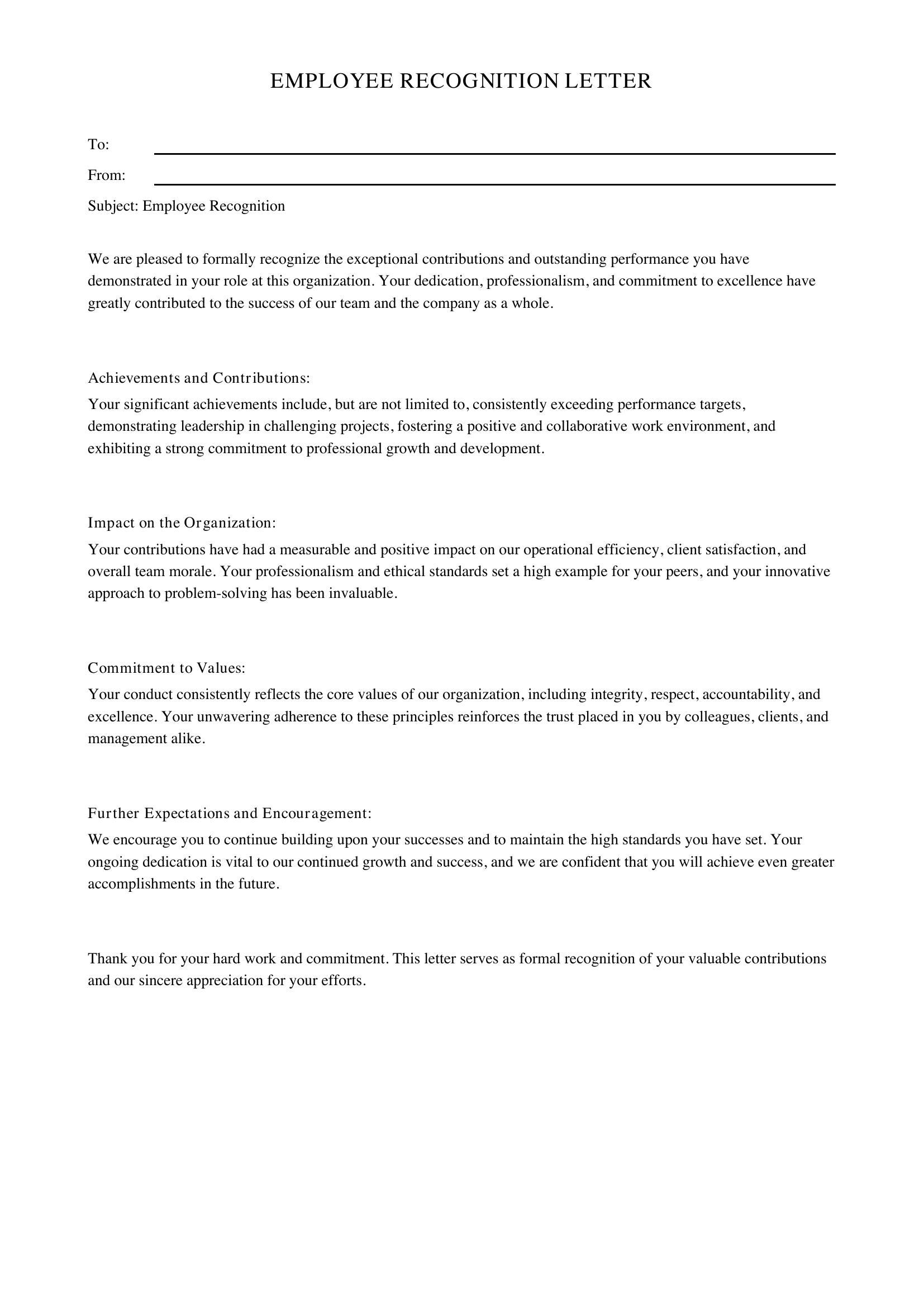 Employee Recognition Letter Template - US