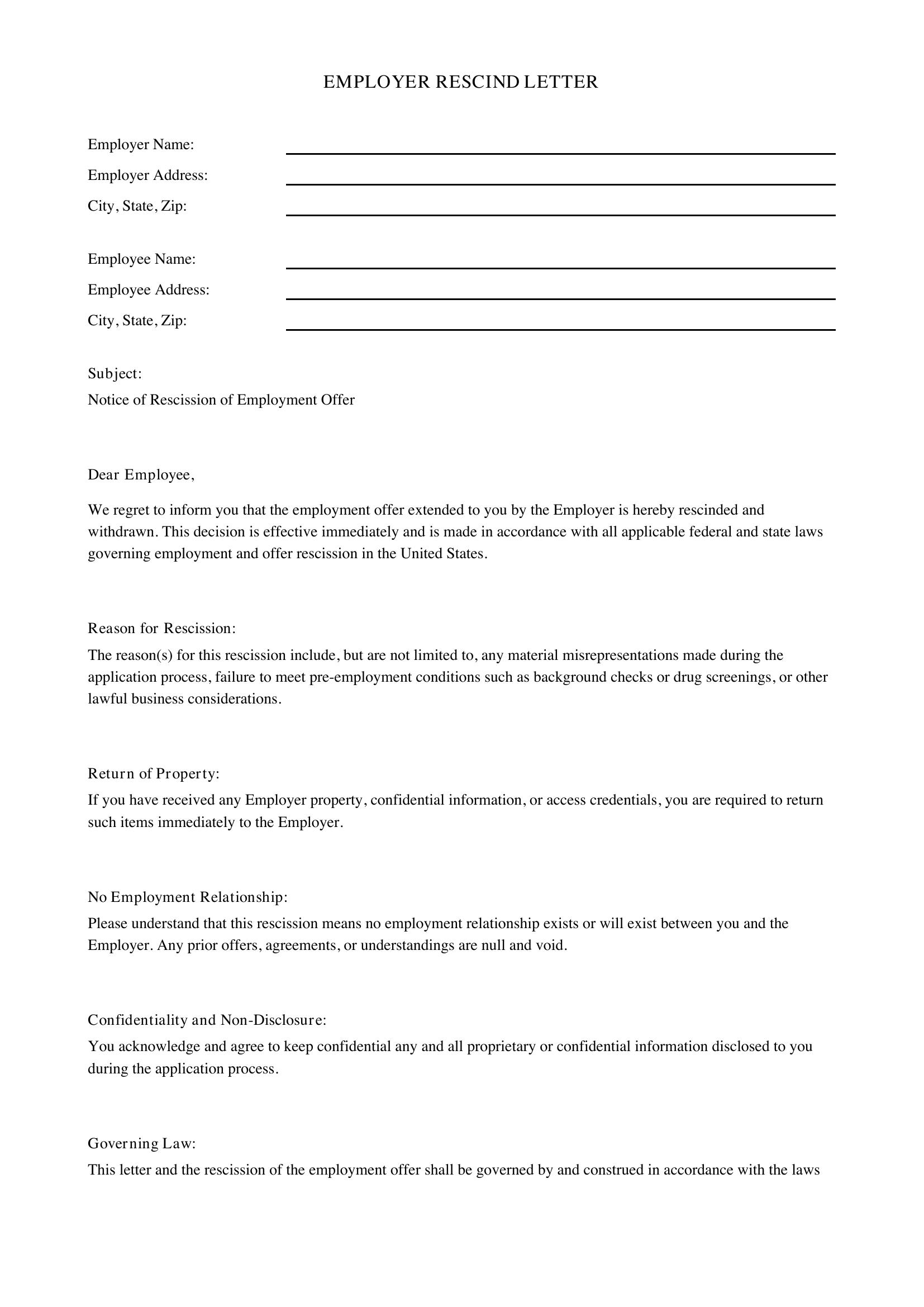 Employer Rescind Letter Template - US