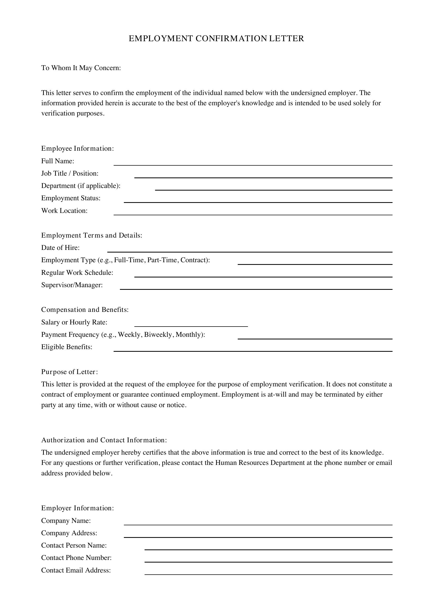 Employment Confirmation Letter Template - US