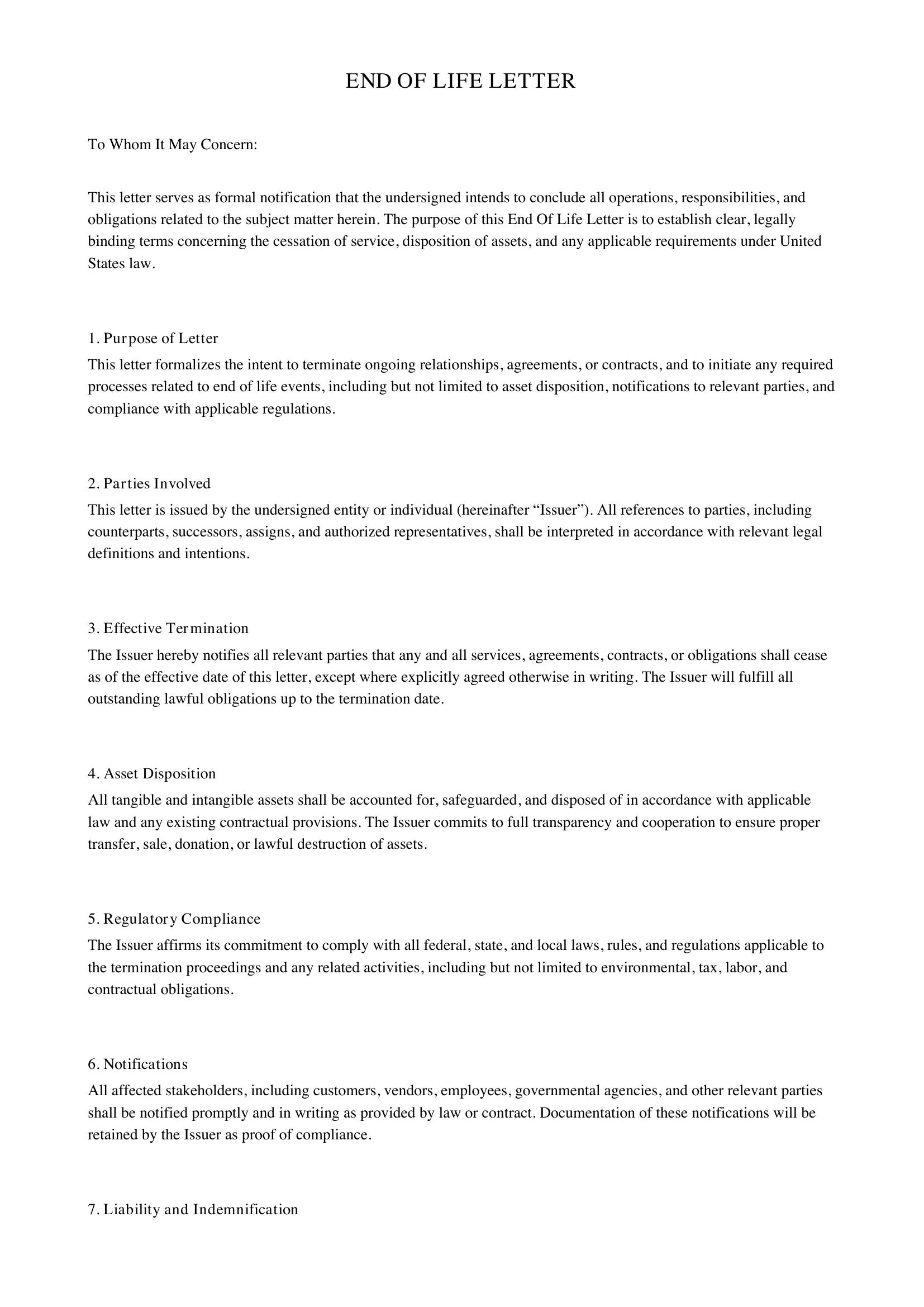 End Of Life Letter Template - US