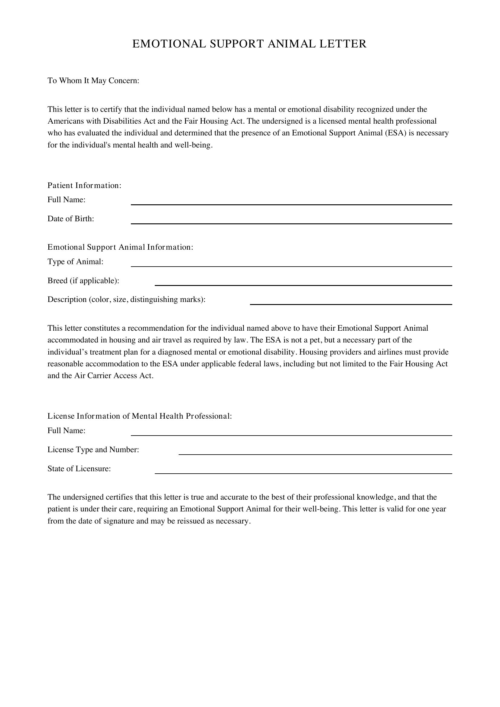 Esa Dog Letter Template - US